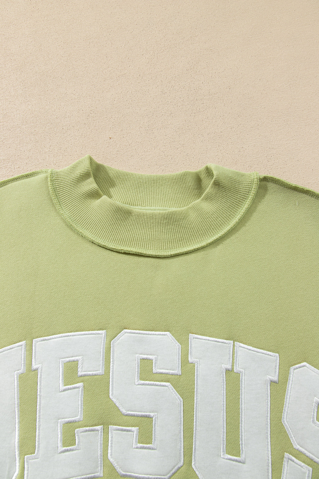 Meadow Mist Green JESUS Letter Patch Graphic Exposed Seam Mock Neck Baggy Sweatshirt PREORDER ETA 3 WEEKS