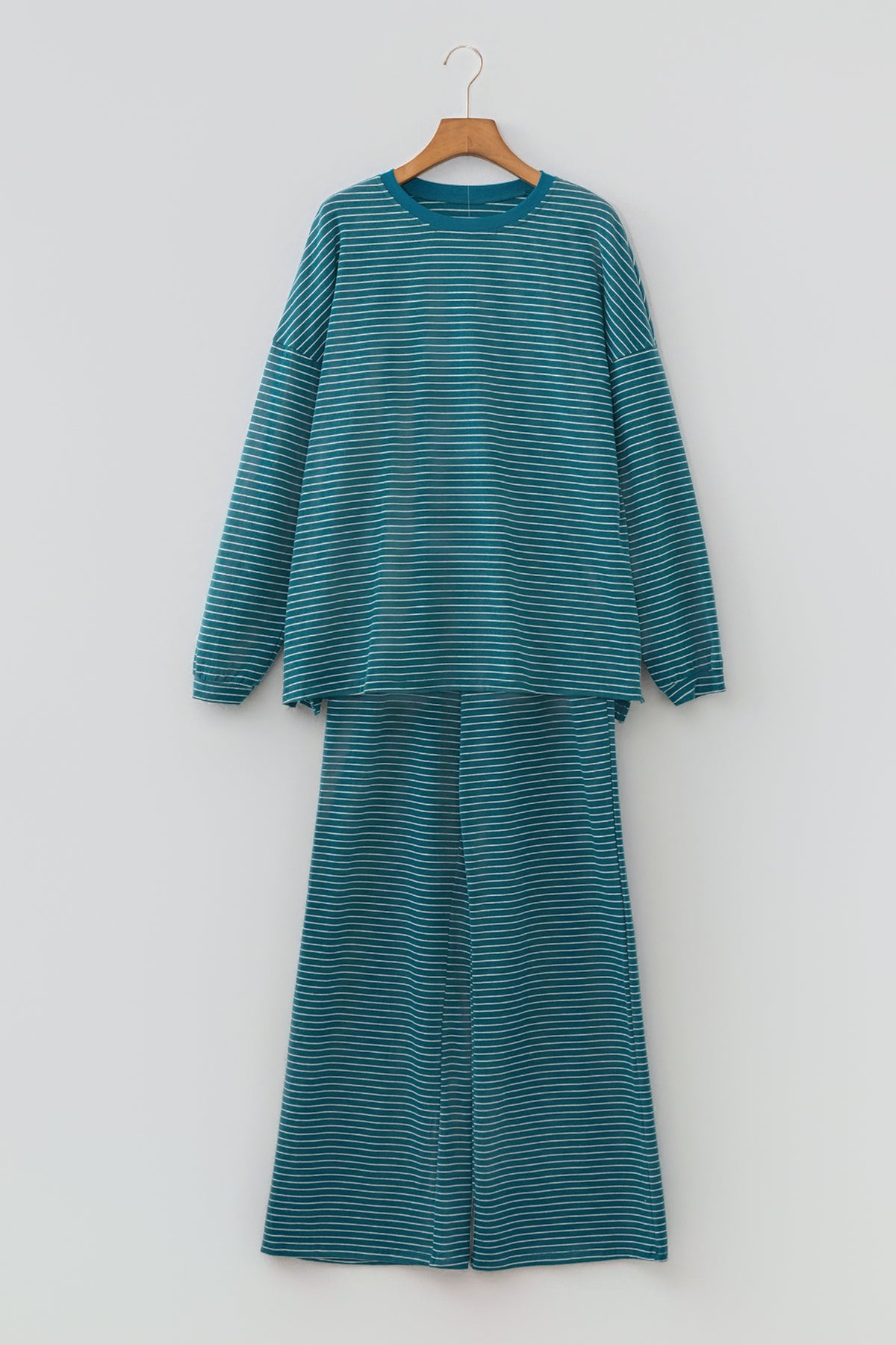 Green Stripe Dropped Shoulder Long Sleeve Top Elastic Waist Pants Casual 2pcs Set PREORDER ETA 3 WEEKS
