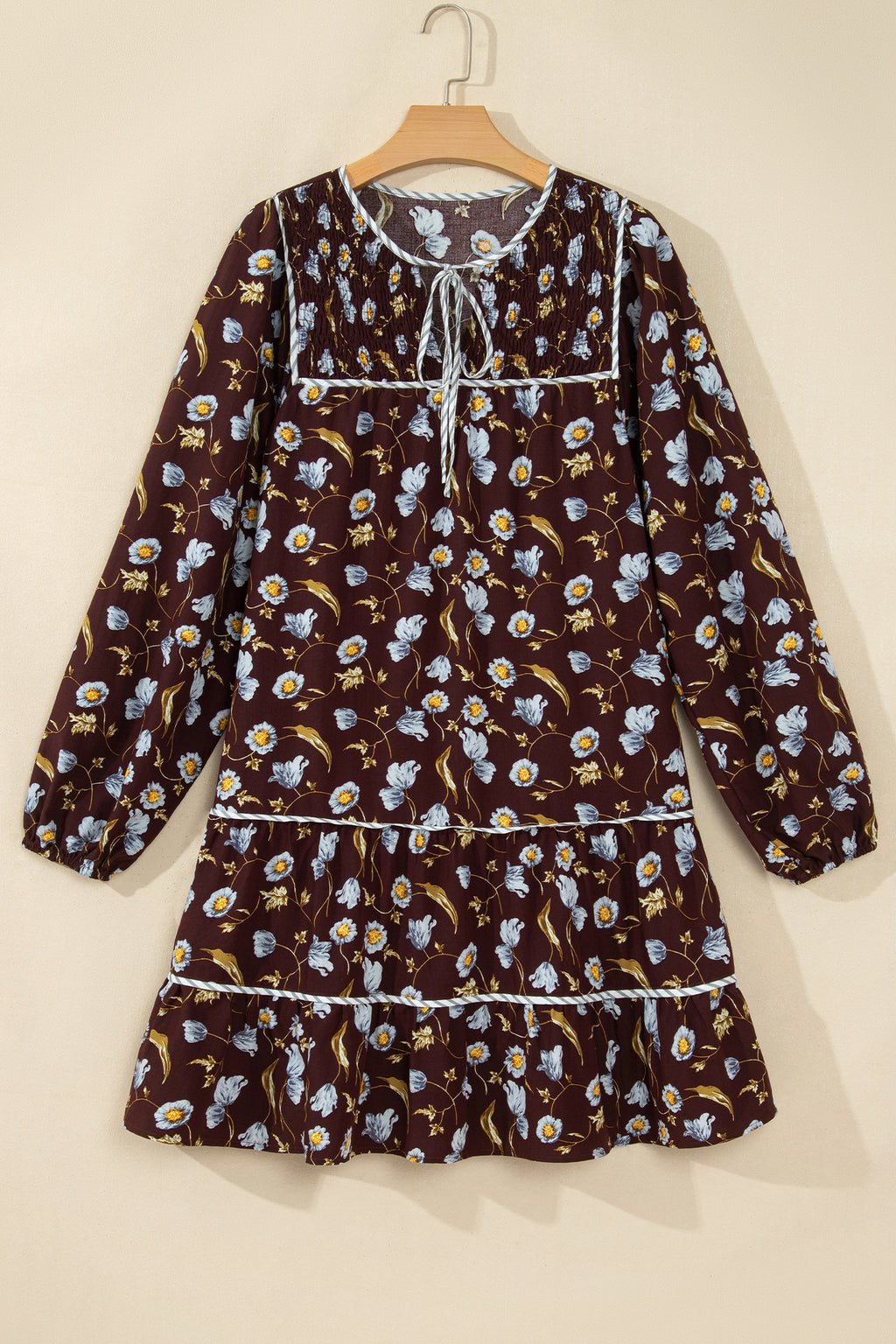 Brown Floral Print V Neck Shift Dress PREORDER ETA 3 WEEKS