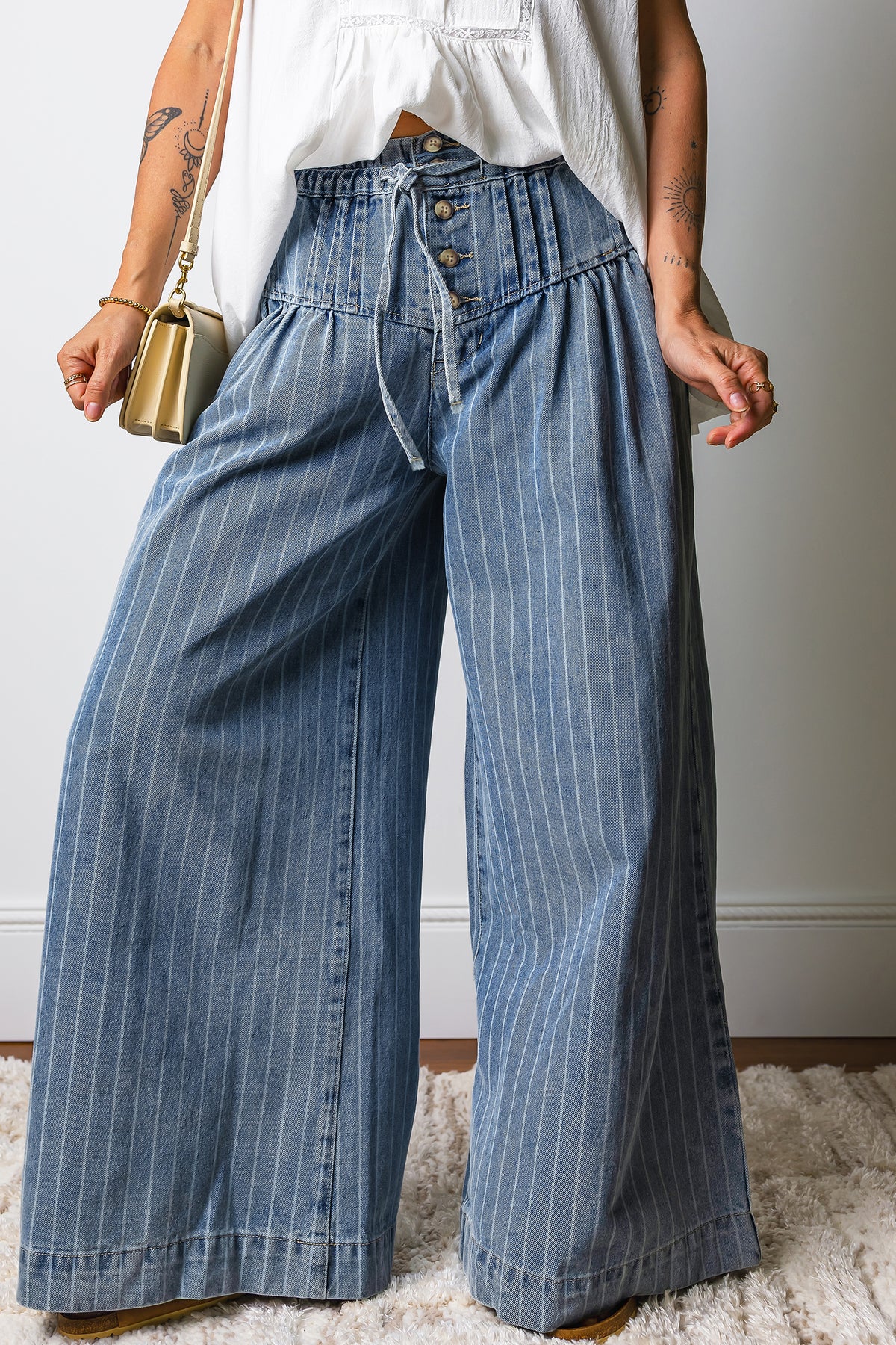 Sky Blue Stripe Button Pleated Drawstring Waist Casual Wide Leg Jeans PREORDER ETA 3 WEEKS