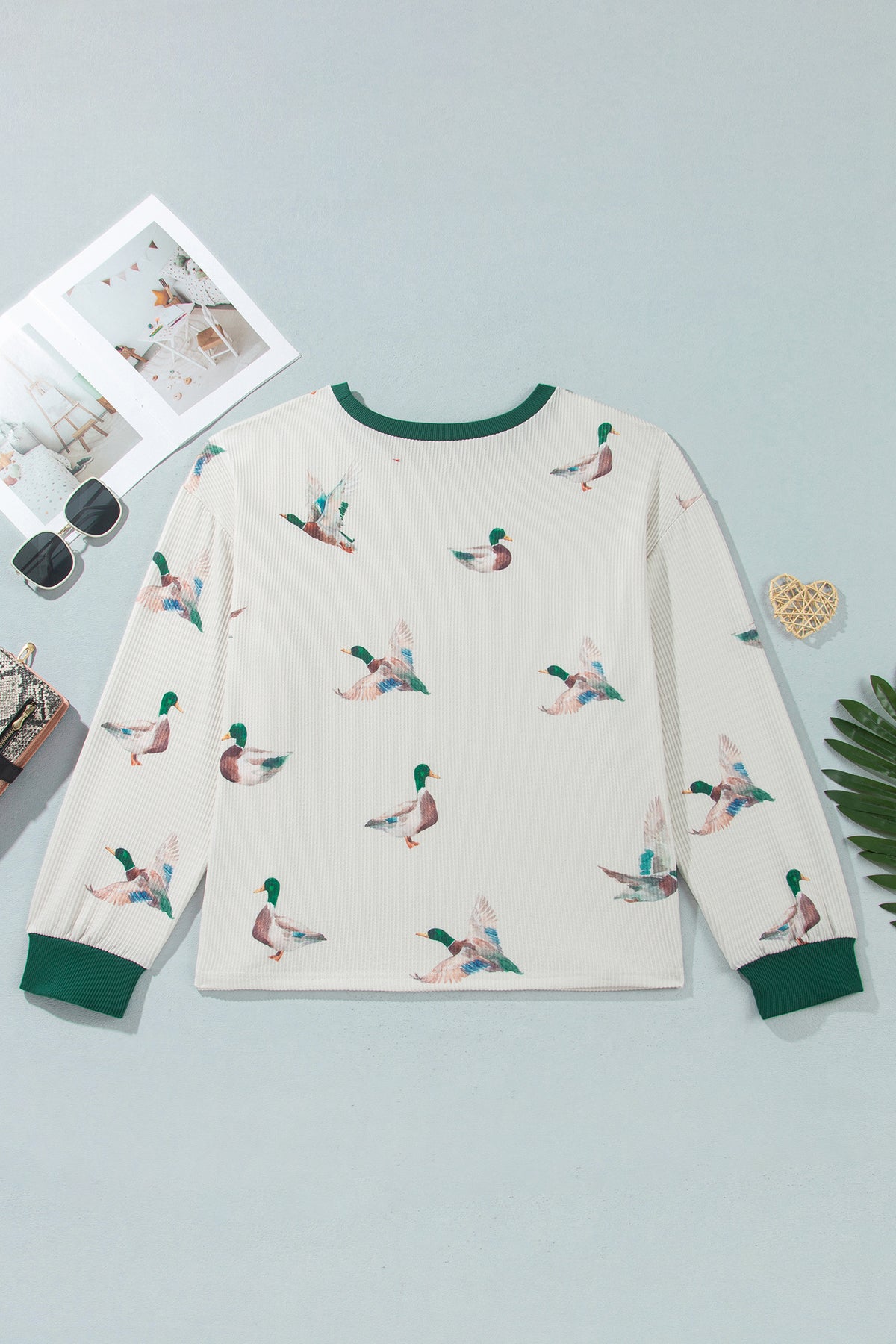 Beige Mallard Duck Print Plus Size Twisted Ribbed Top PREORDER ETA 3 WEEKS