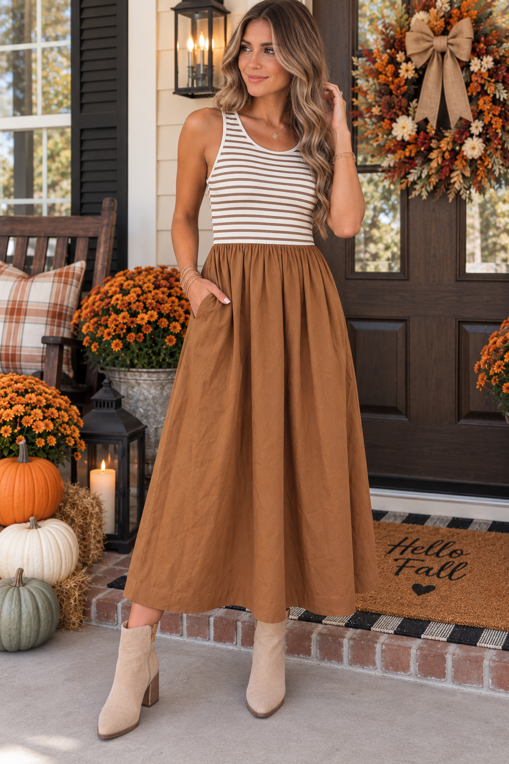 Chestnut Striped Colorblock Sleeveless Casual Long Dress PREORDER ETA 3 WEEKS