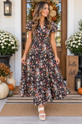 Black Floral Print V Neck Pleated Tiered Maxi Dress PREORDER ETA 3 WEEKS