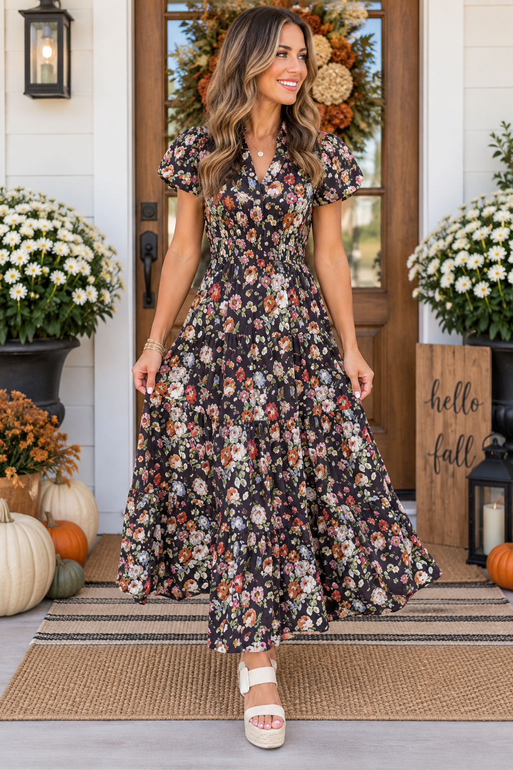 Black Floral Print V Neck Pleated Tiered Maxi Dress PREORDER ETA 3 WEEKS