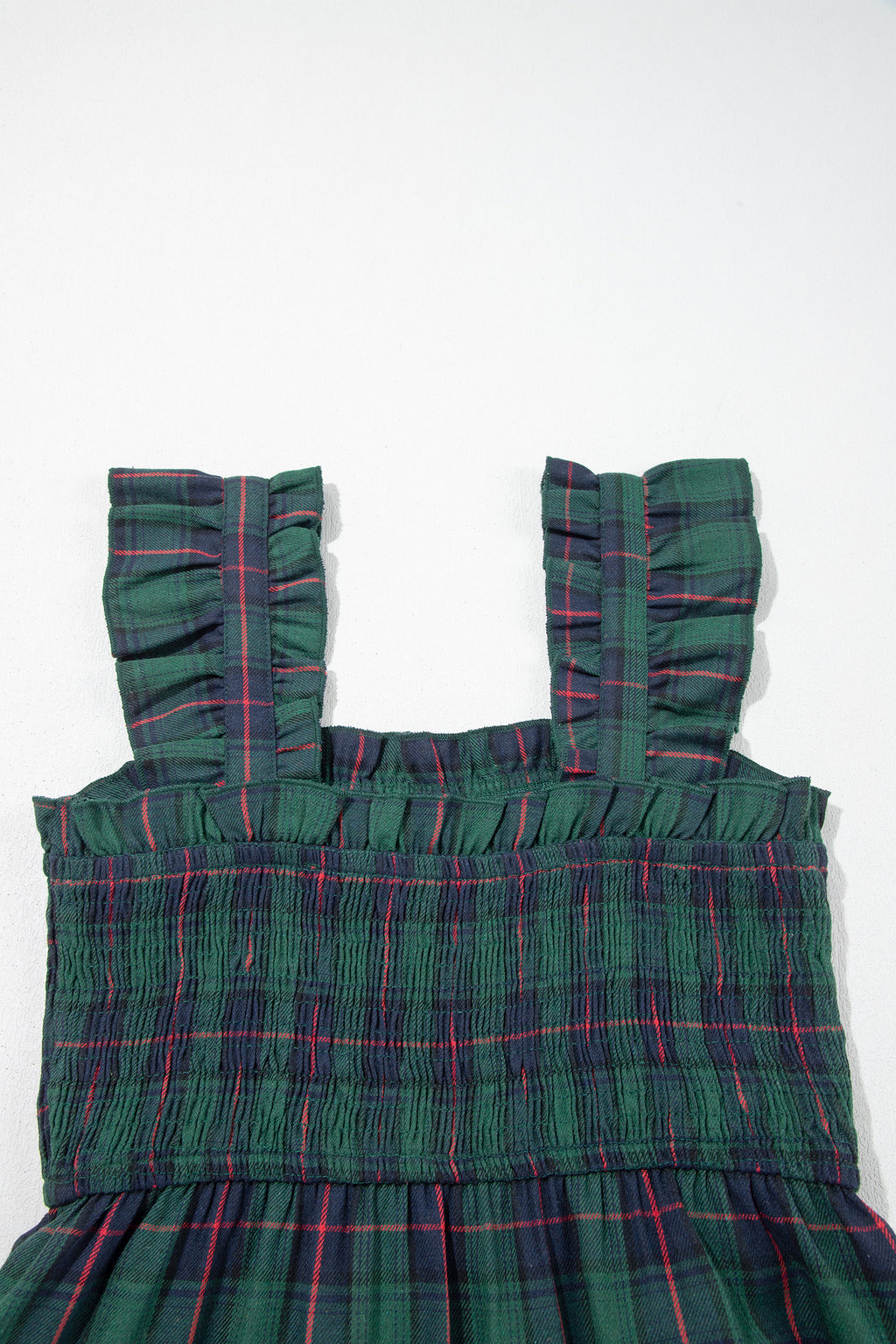Green Plaid Ruffle Sleeveless Shirred Bodice Tiered Midi Dress PREORDER ETA 3 WEEKS
