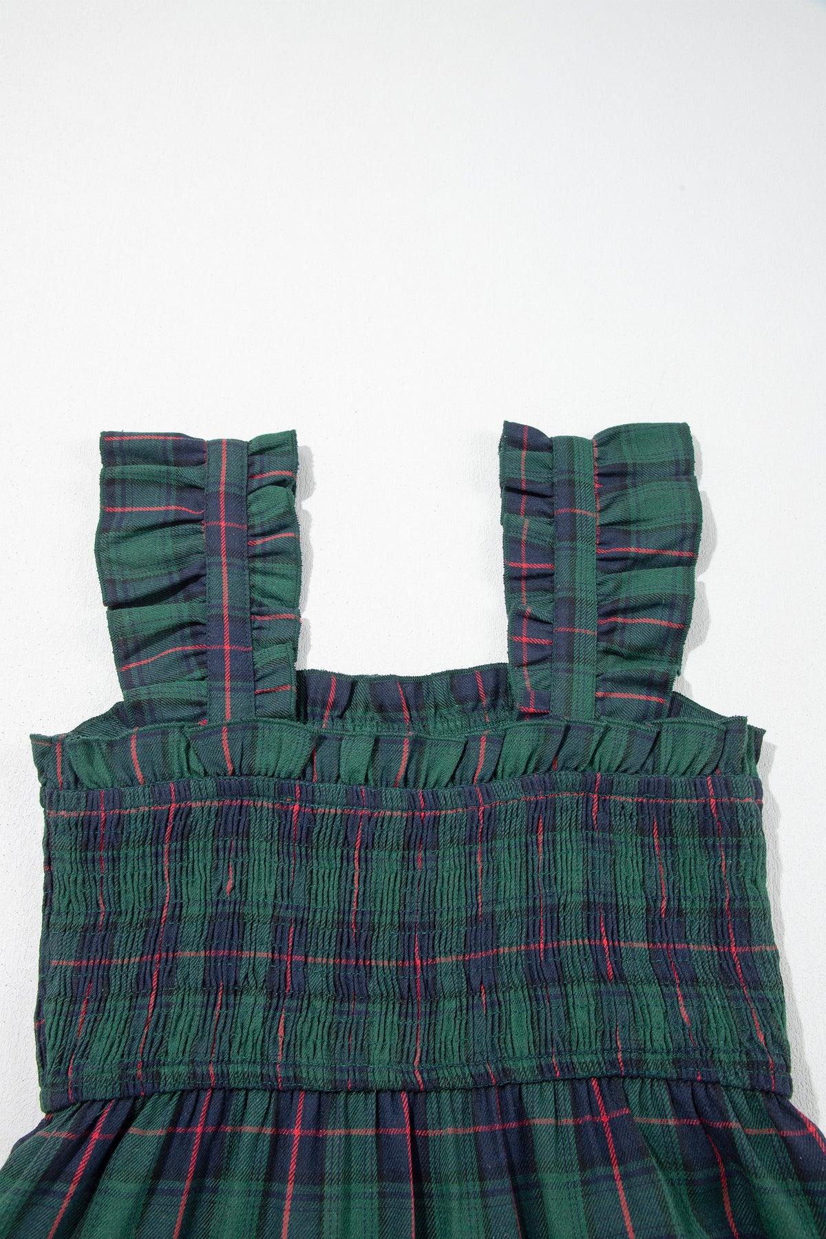 Green Plaid Ruffle Sleeveless Shirred Bodice Tiered Midi Dress PREORDER ETA 3 WEEKS