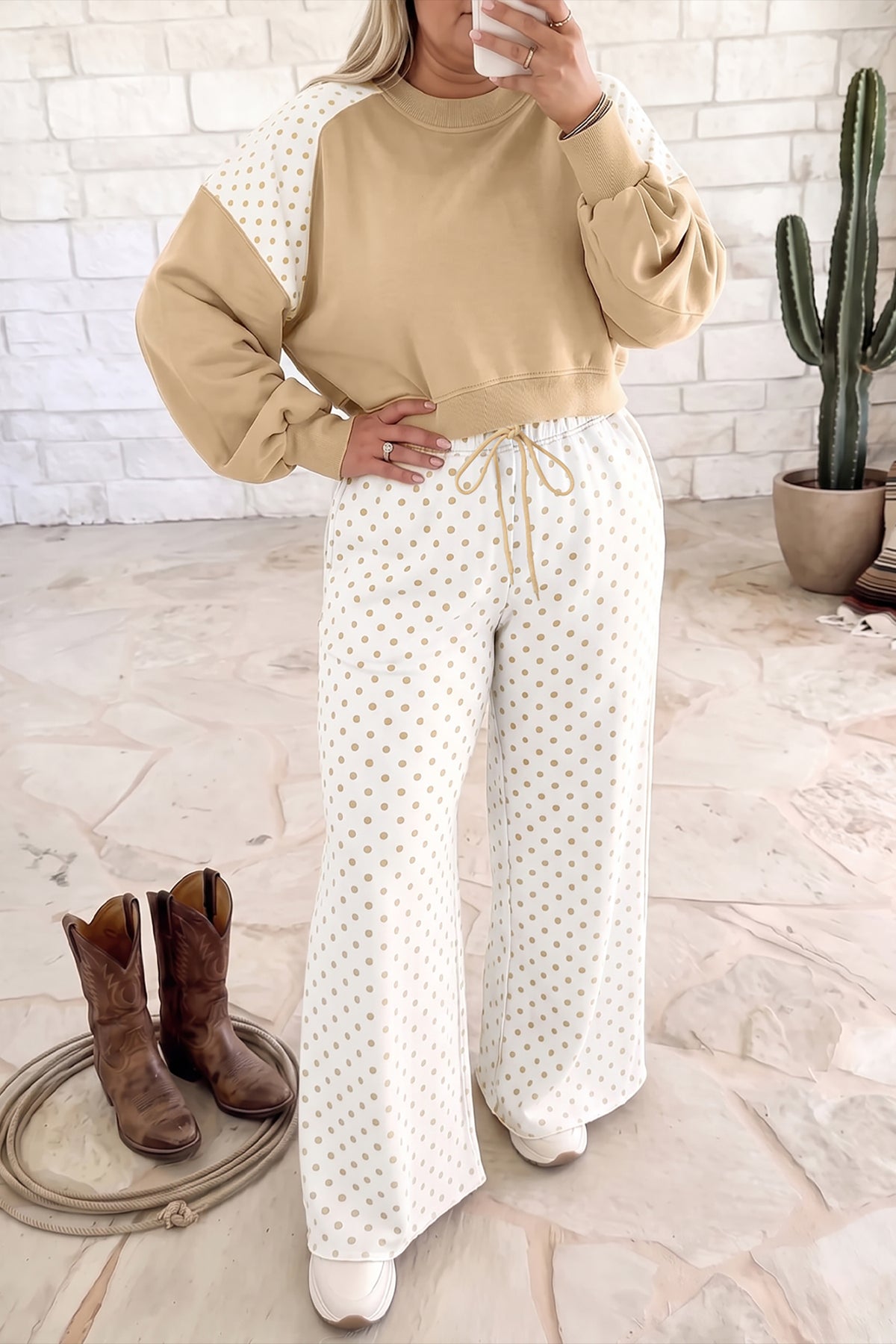 Khaki Plus Size Color Block Contrast Polka Dot Long Sleeve Top Drawstring Pants Set PREORDER ETA 3 WEEKS