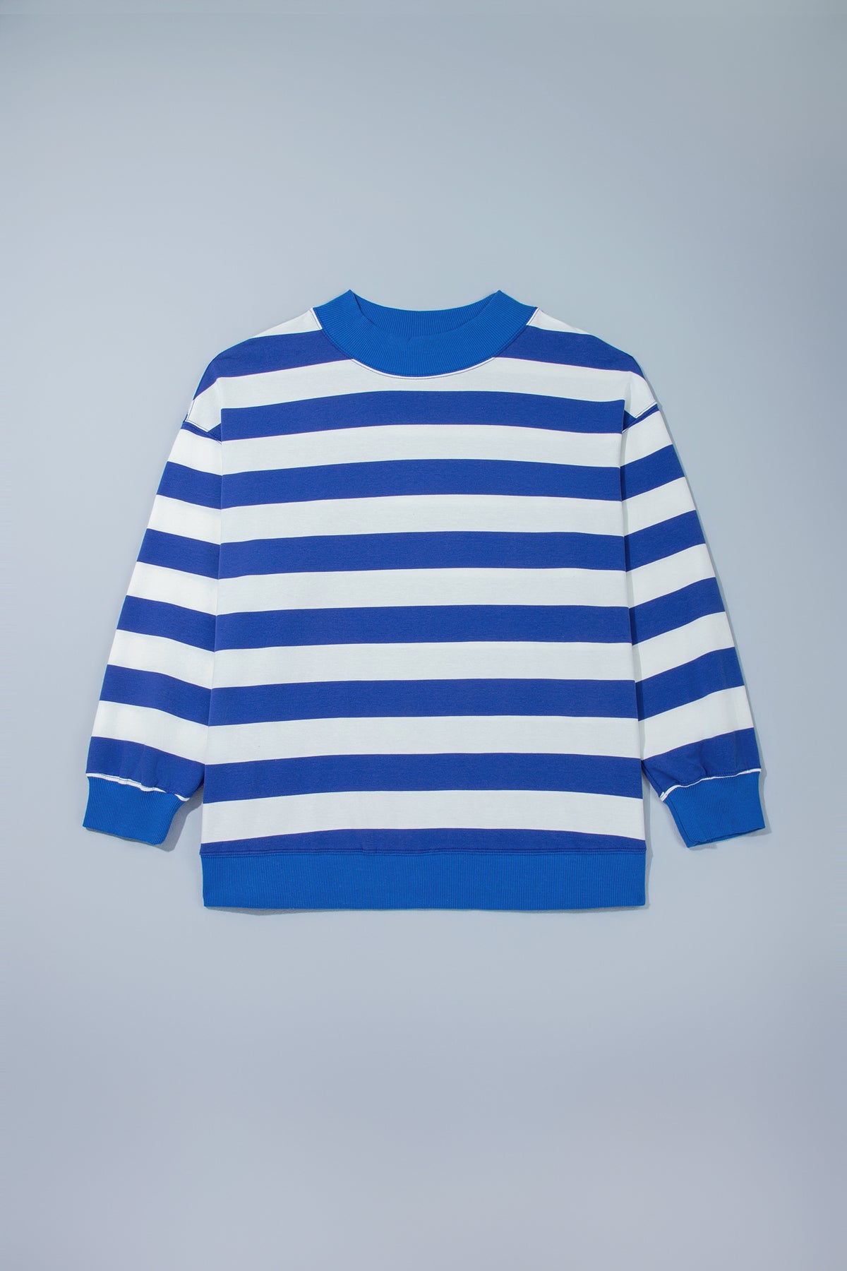 Blue Stripe Ribbed Trim Stand Neck Dropped Shoulder Plus Size Sweatshirt PREORDER ETA 3 WEEKS
