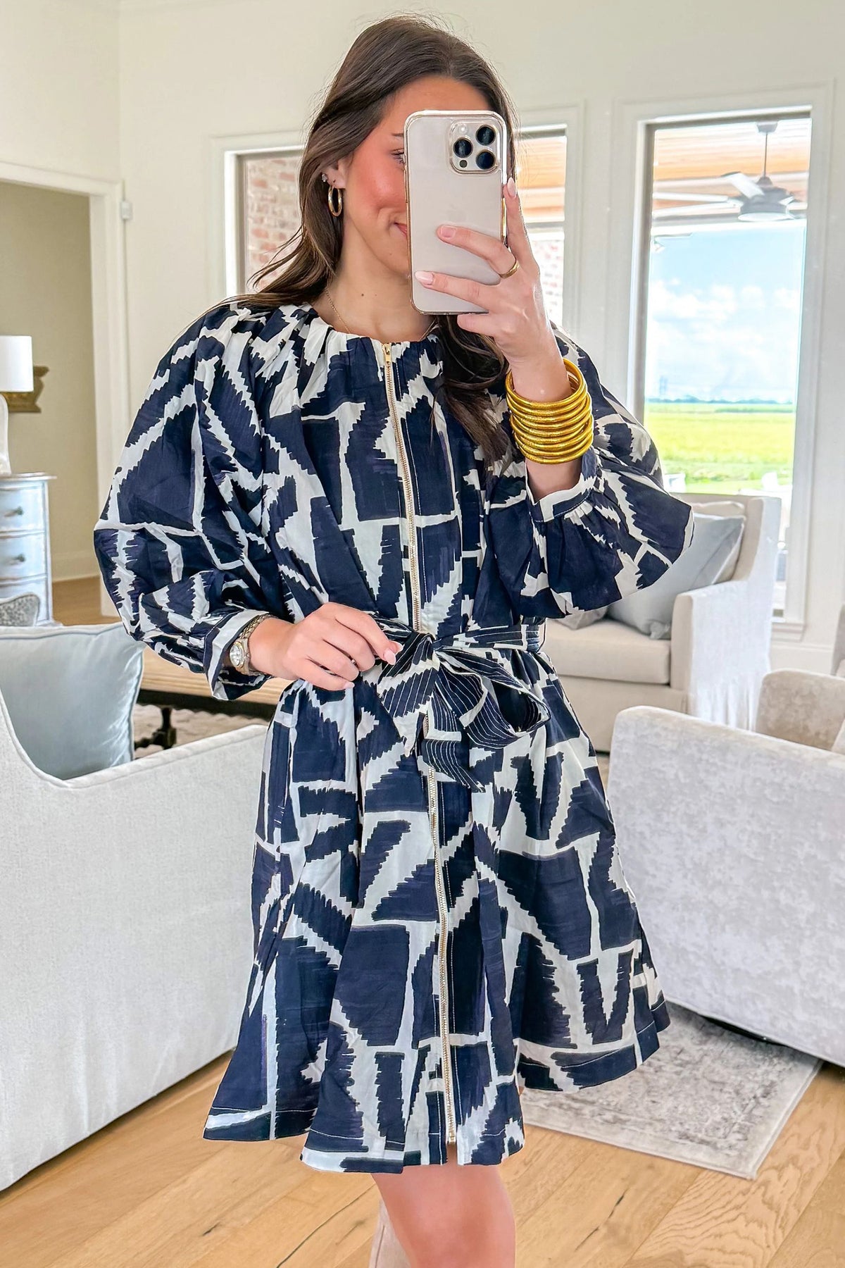 Blue Abstract Geometric Print Zip Front Tie Waist Shift Dress PREORDER ETA 3 WEEKS