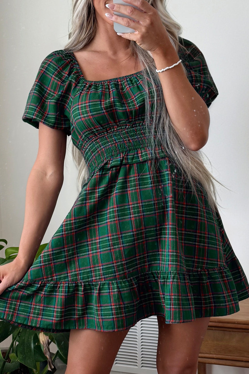 Green Plaid Shirred U Neck Short Sleeve Mini Dress PREORDER ETA 3 WEEKS