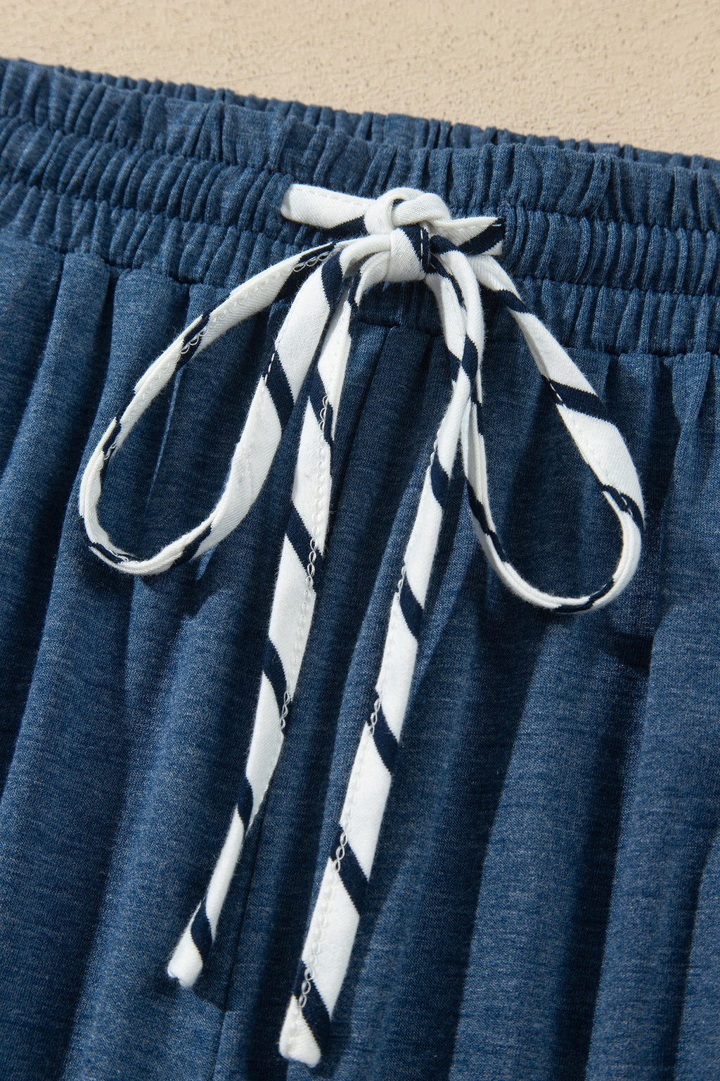Blue Stripe V Neck Ruffle Contrast Sleeve Top Drawstring Pants 2pcs Set PREODER
