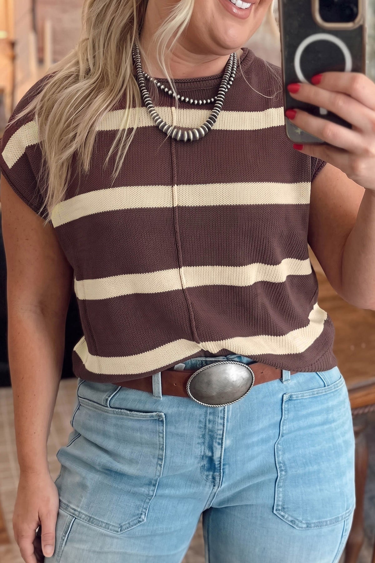 Brown Stripe Colorblock Knit Plus Size Sleeveless Casual Sweater PREORDER ETA 3 WEEKS