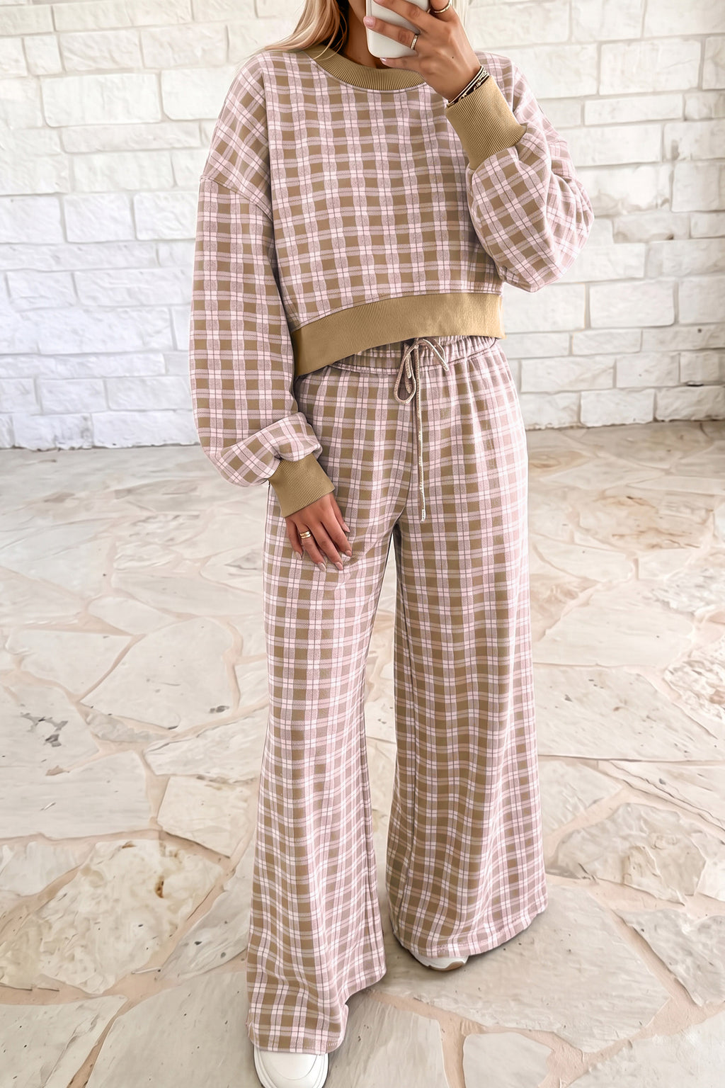 Pink Plaid Long Sleeve Drop Shoulder Top Ribbed Color Block Trim Two Piece Pant Set PREORDER ETA 3 WEEKS