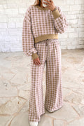 Pink Plaid Long Sleeve Drop Shoulder Top Ribbed Color Block Trim Two Piece Pant Set PREORDER ETA 3 WEEKS