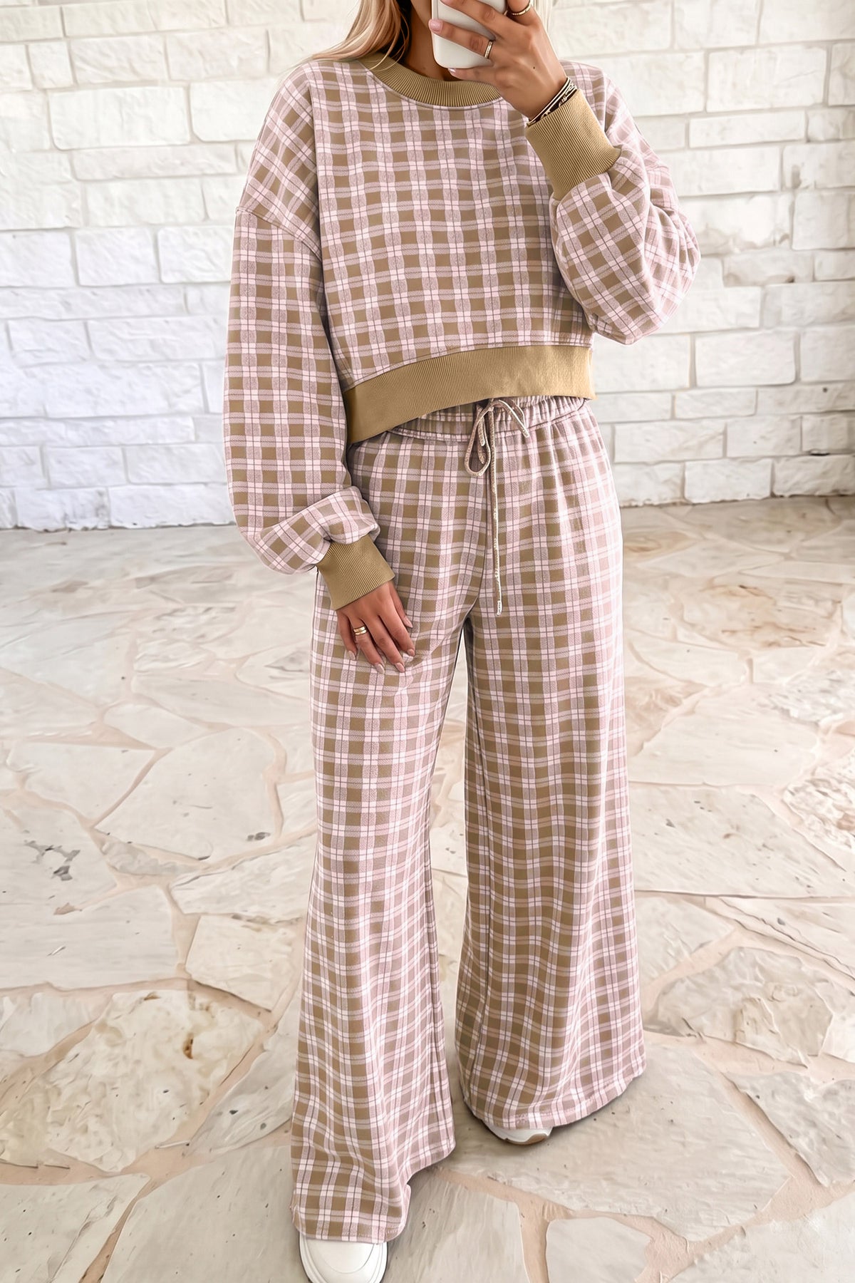 Pink Plaid Long Sleeve Drop Shoulder Top Ribbed Color Block Trim Two Piece Pant Set PREORDER ETA 3 WEEKS