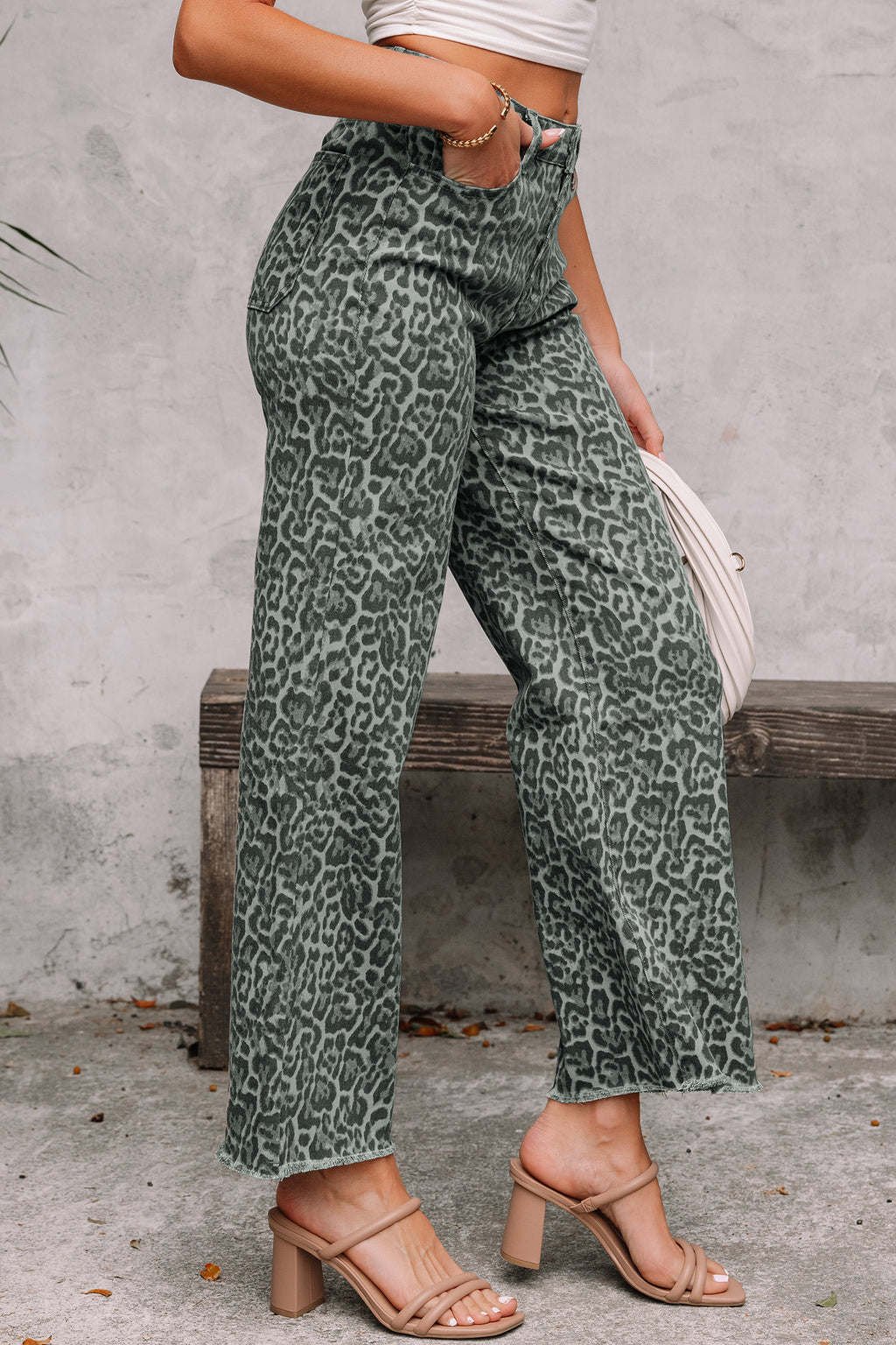 Gray Leopard Frayed Edge Wide Leg High Waist Jeans