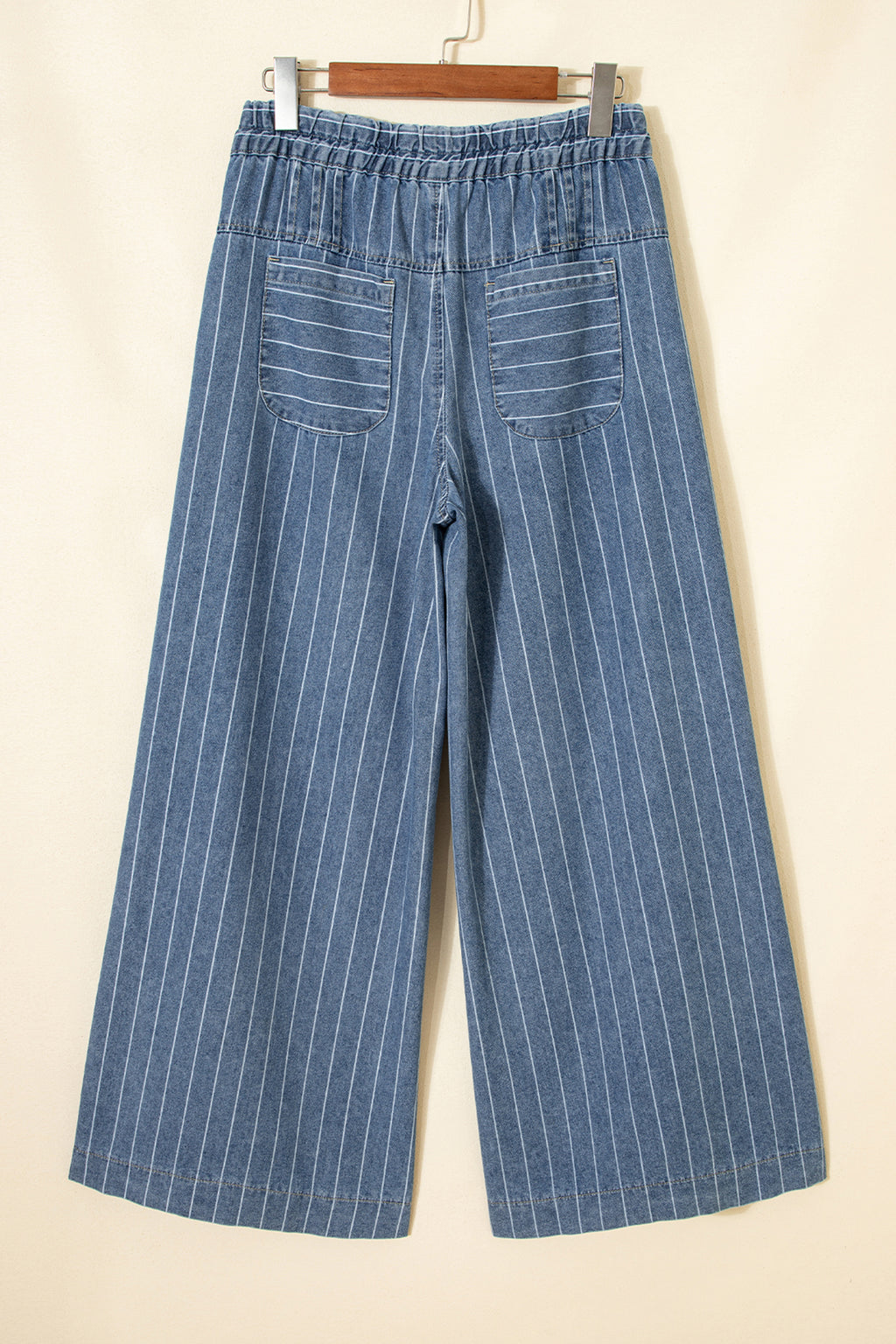 Sky Blue Stripe Button Pleated Drawstring Waist Casual Wide Leg Jeans PREORDER ETA 3 WEEKS