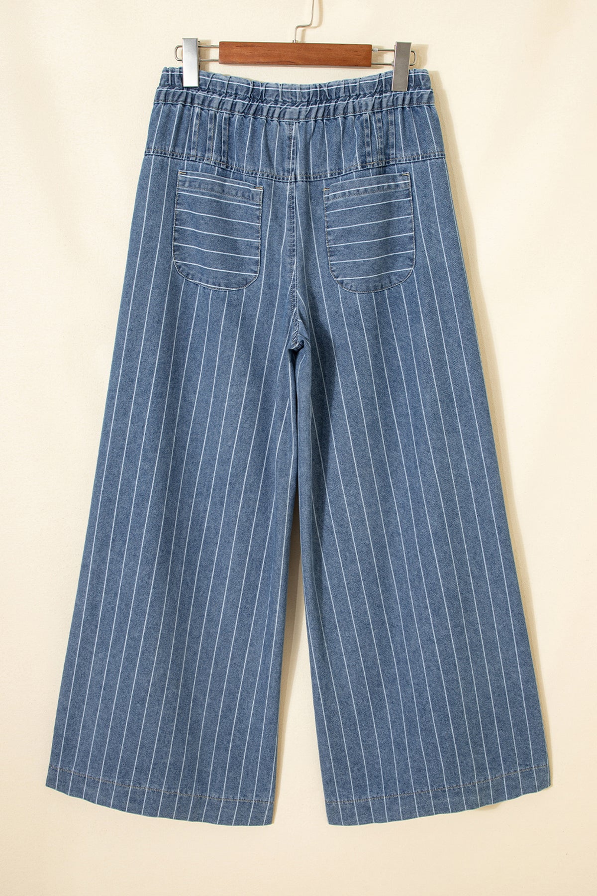 Sky Blue Stripe Button Pleated Drawstring Waist Casual Wide Leg Jeans PREORDER ETA 3 WEEKS
