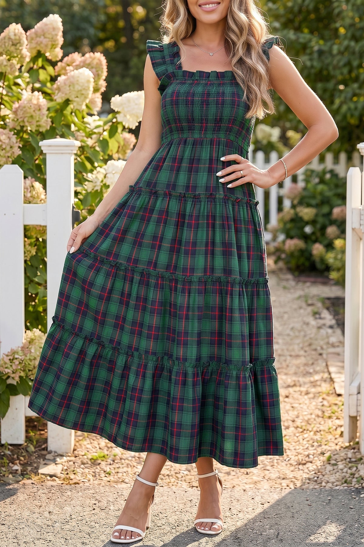 Green Plaid Ruffle Sleeveless Shirred Bodice Tiered Midi Dress PREORDER ETA 3 WEEKS