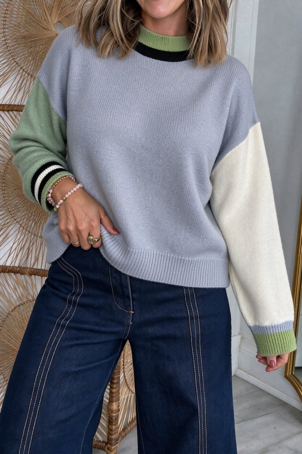 Multicolour Color Block Mock Neck Loose Pullover Sweater PREORDER ETA 3 WEEKS