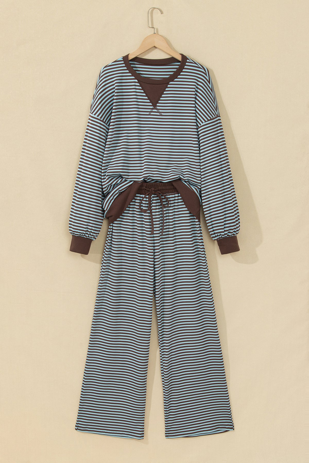 Brown Stripe Drop Shoulder Loose Top and Pants Two Piece Set PREORDER ETA 3 WEEKS