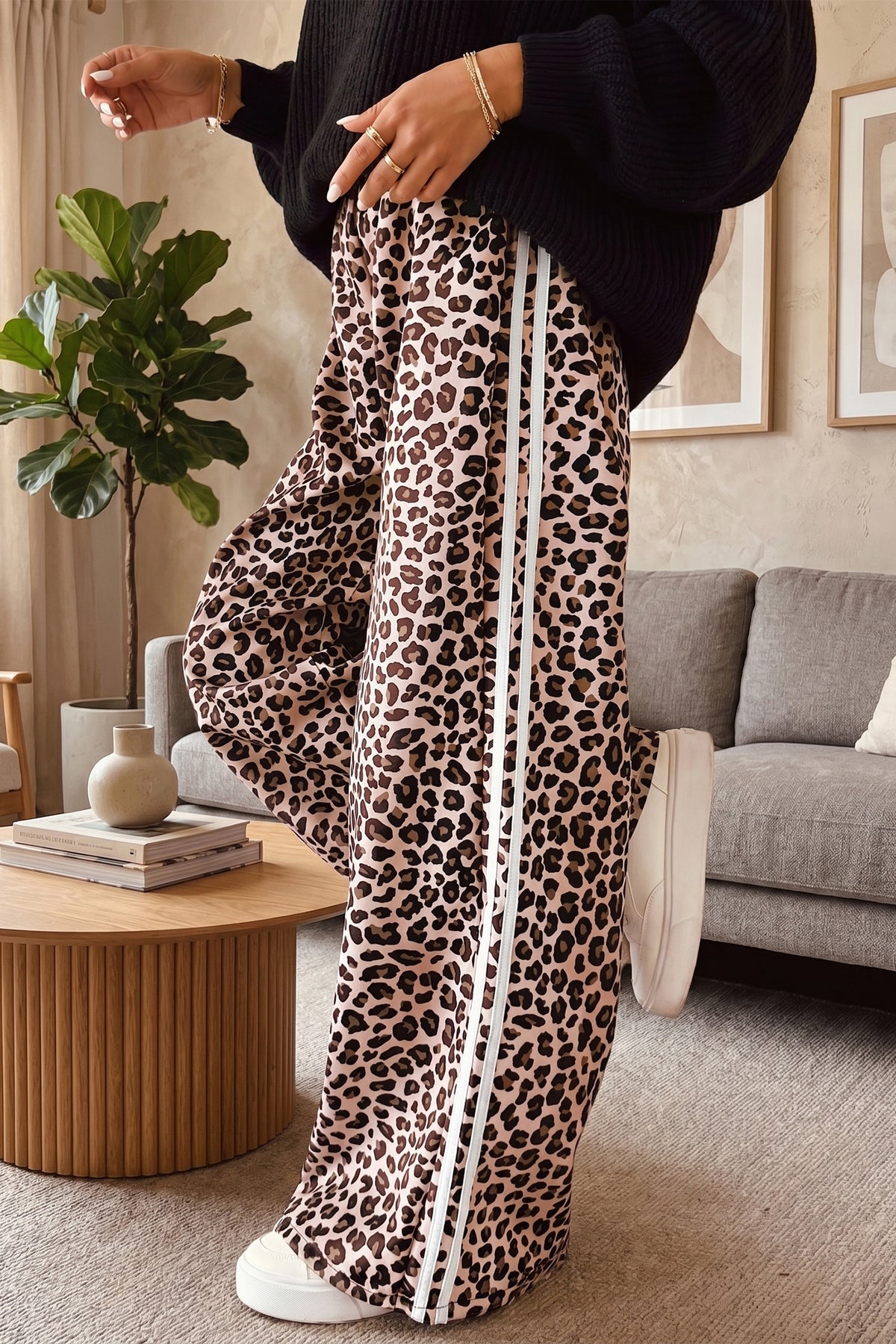 Beige Leopard Print Side Striped Detail Casual Wide Leg Pants PREORDER ETA 3 WEEKS