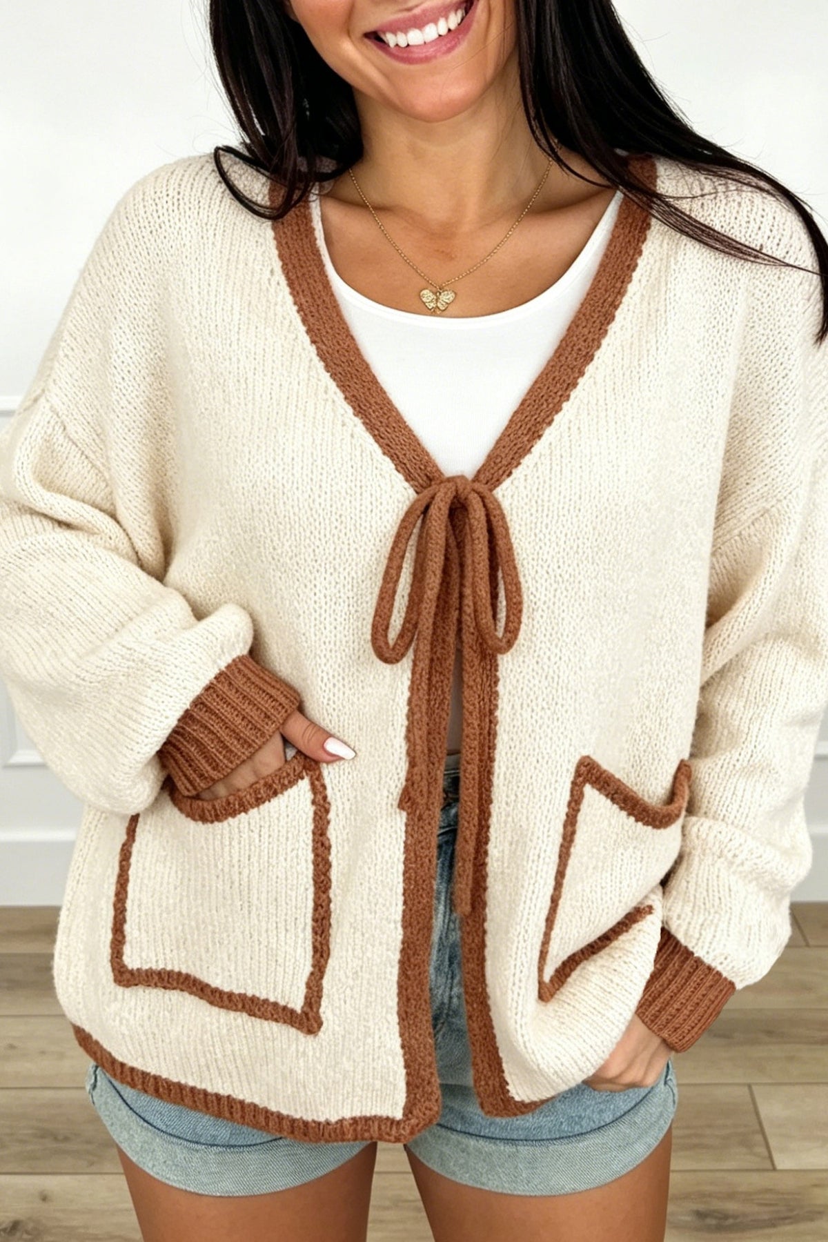 Apricot Contrast Trim V-Neck Tie Front Loose Sweater Cardigan PREORDER ETA 3 WEEKS