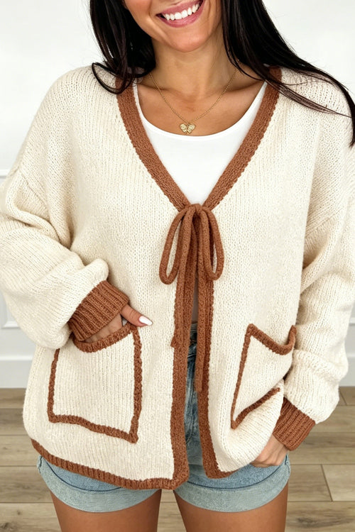 Apricot Contrast Trim V-Neck Tie Front Loose Sweater Cardigan PREORDER ETA 3 WEEKS