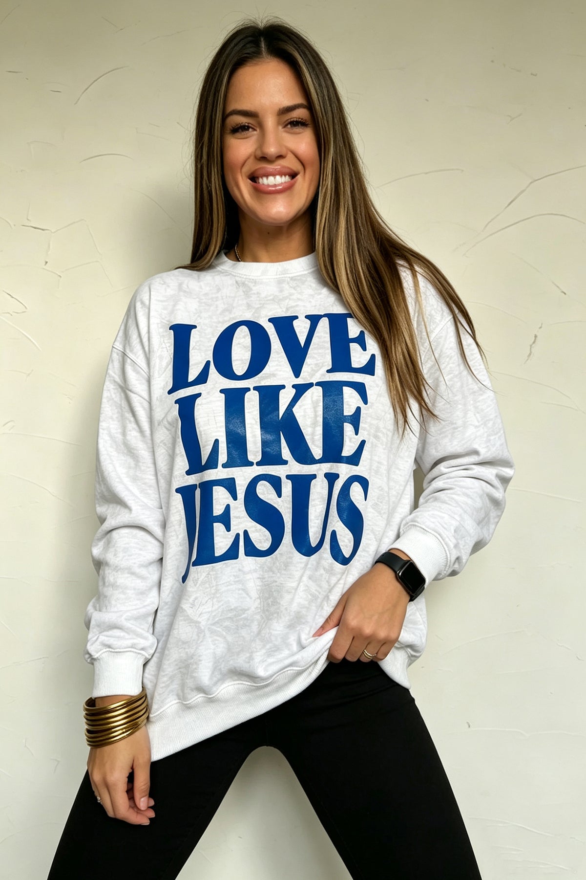 Gray LOVE LIKE JESUS Letter Print Round Neck Light Camo Pullover Sweatshirt PREORDER ETA 3 WEEKS