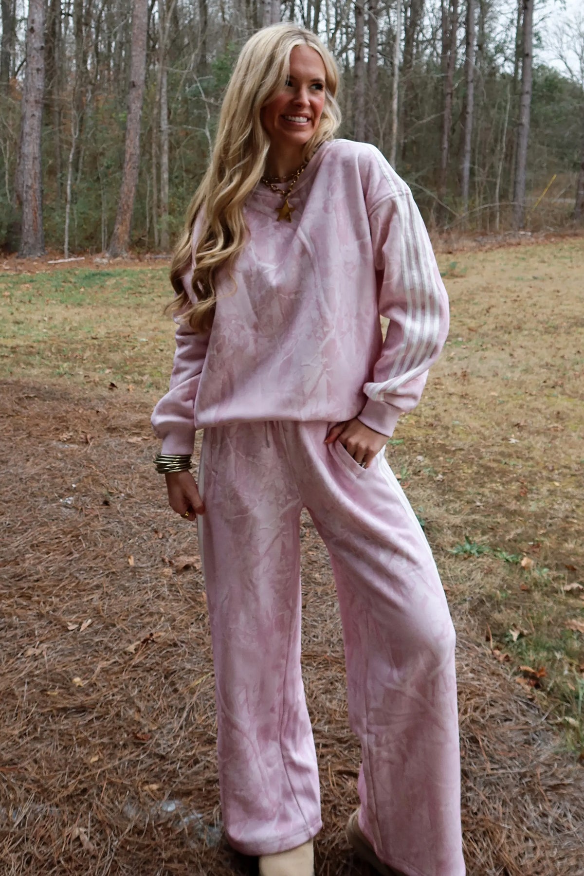 Pink Abstract Print Side Stripe Detail Long Sleeve Top Loose Pants Set PREORDER ETA 3 WEEKS
