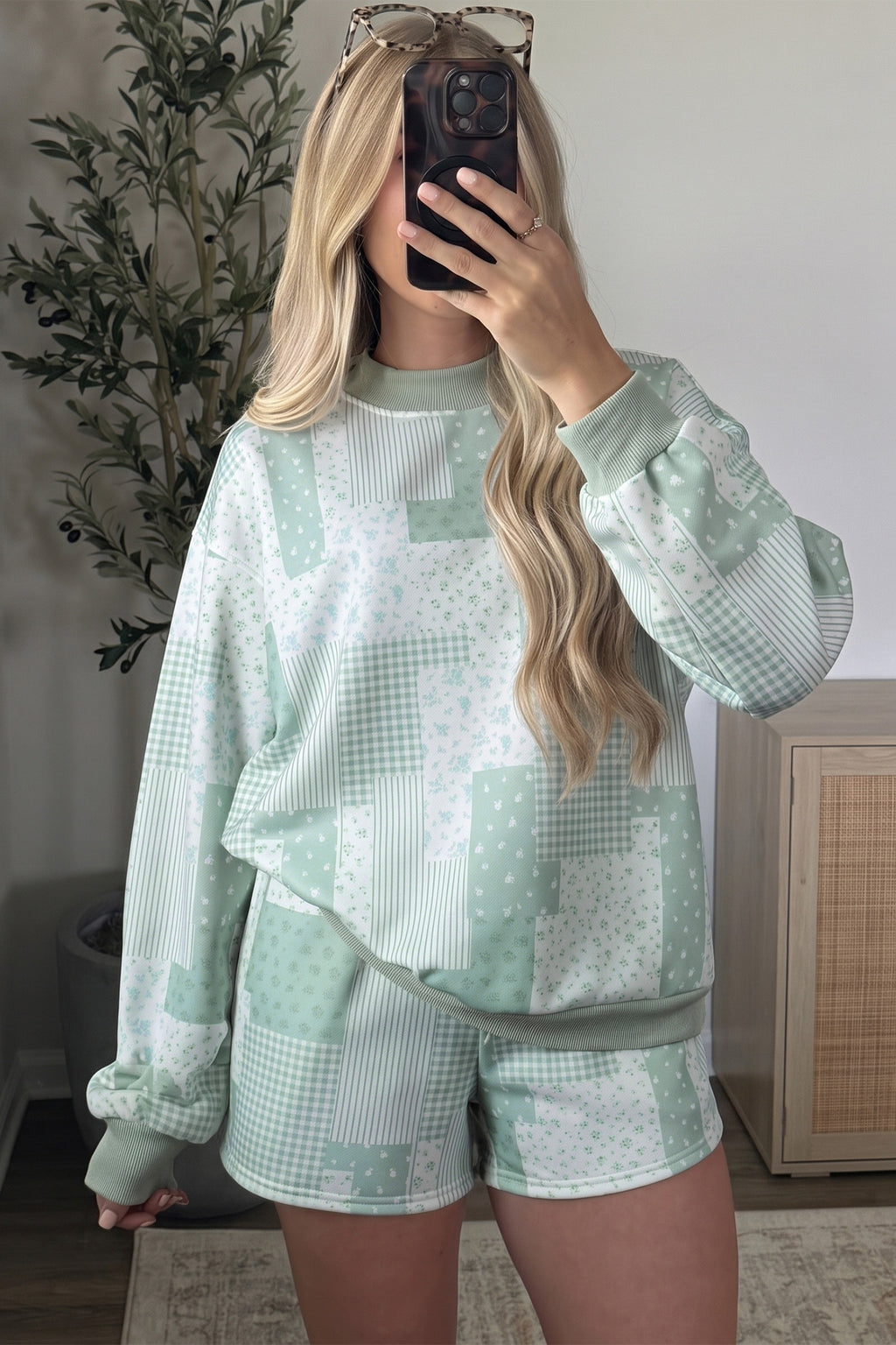 Sky Blue Patchwork Floral Print Drop Shoulder Baggy Pullover Drawstring Shorts Set PREORDER ETA 3 WEEKS