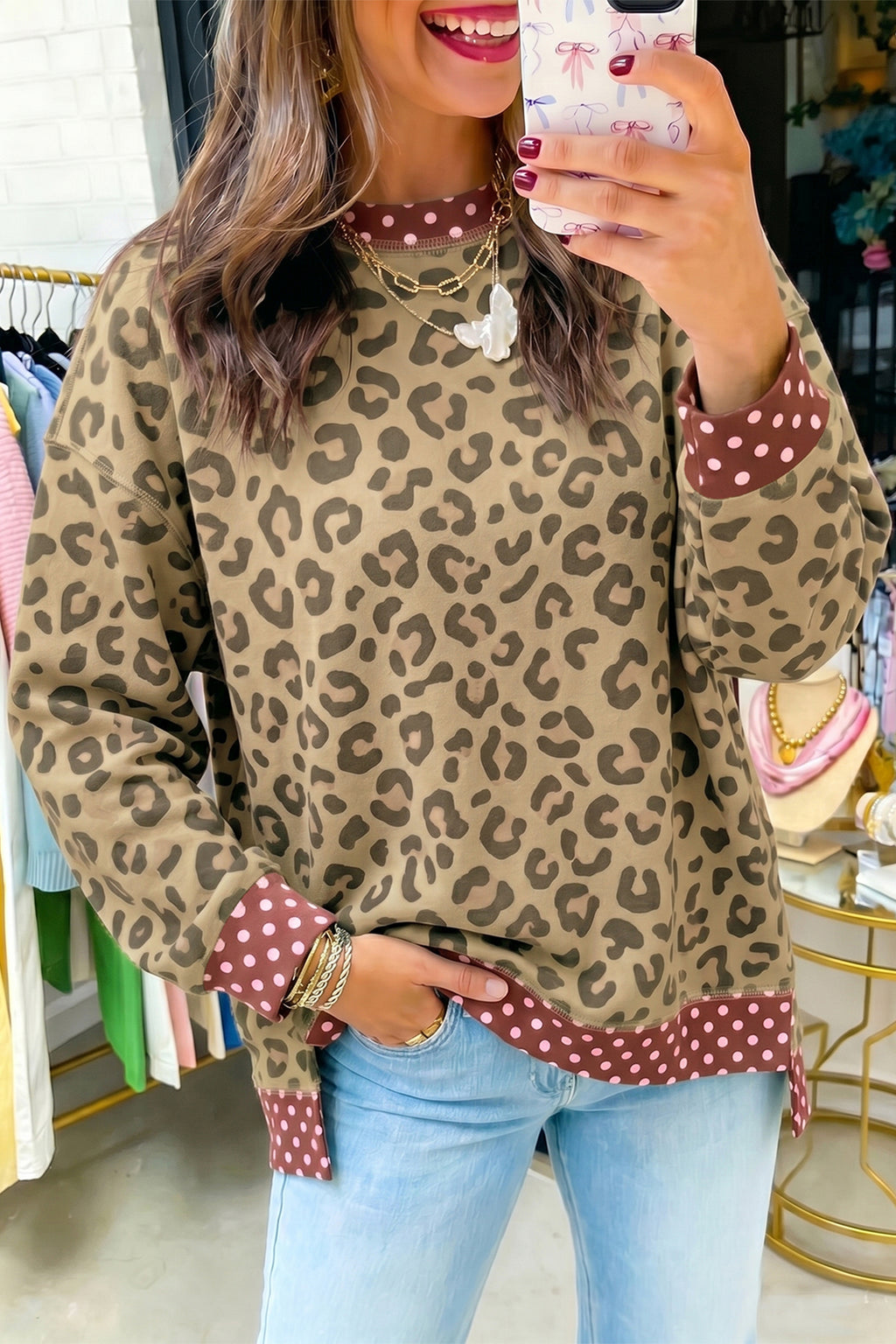 Brown Leopard Polka Dot Colorblock Trim Long Sleeve Top PREORDER ETA 3 WEEKS