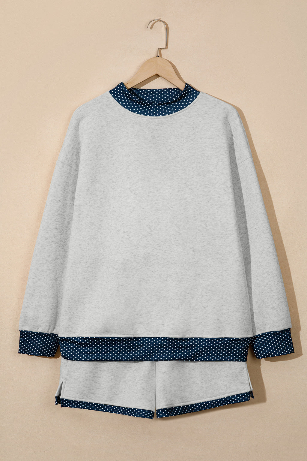 Light Grey Polka Dot Patchwork Mock Neck Pullover Casual Shorts Set PREORDER ETA 3 WEEKS
