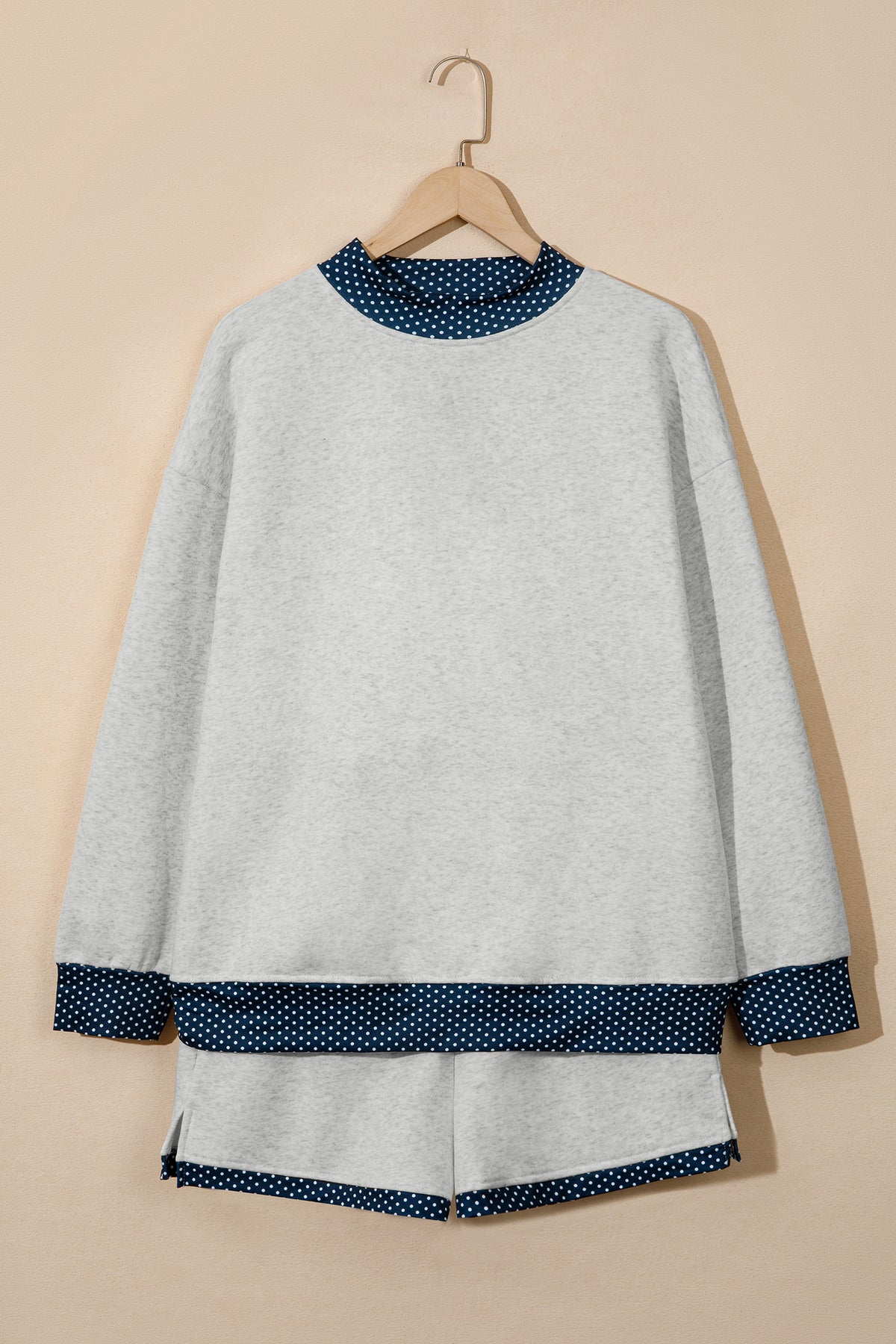 Light Grey Polka Dot Patchwork Mock Neck Pullover Casual Shorts Set PREORDER ETA 3 WEEKS