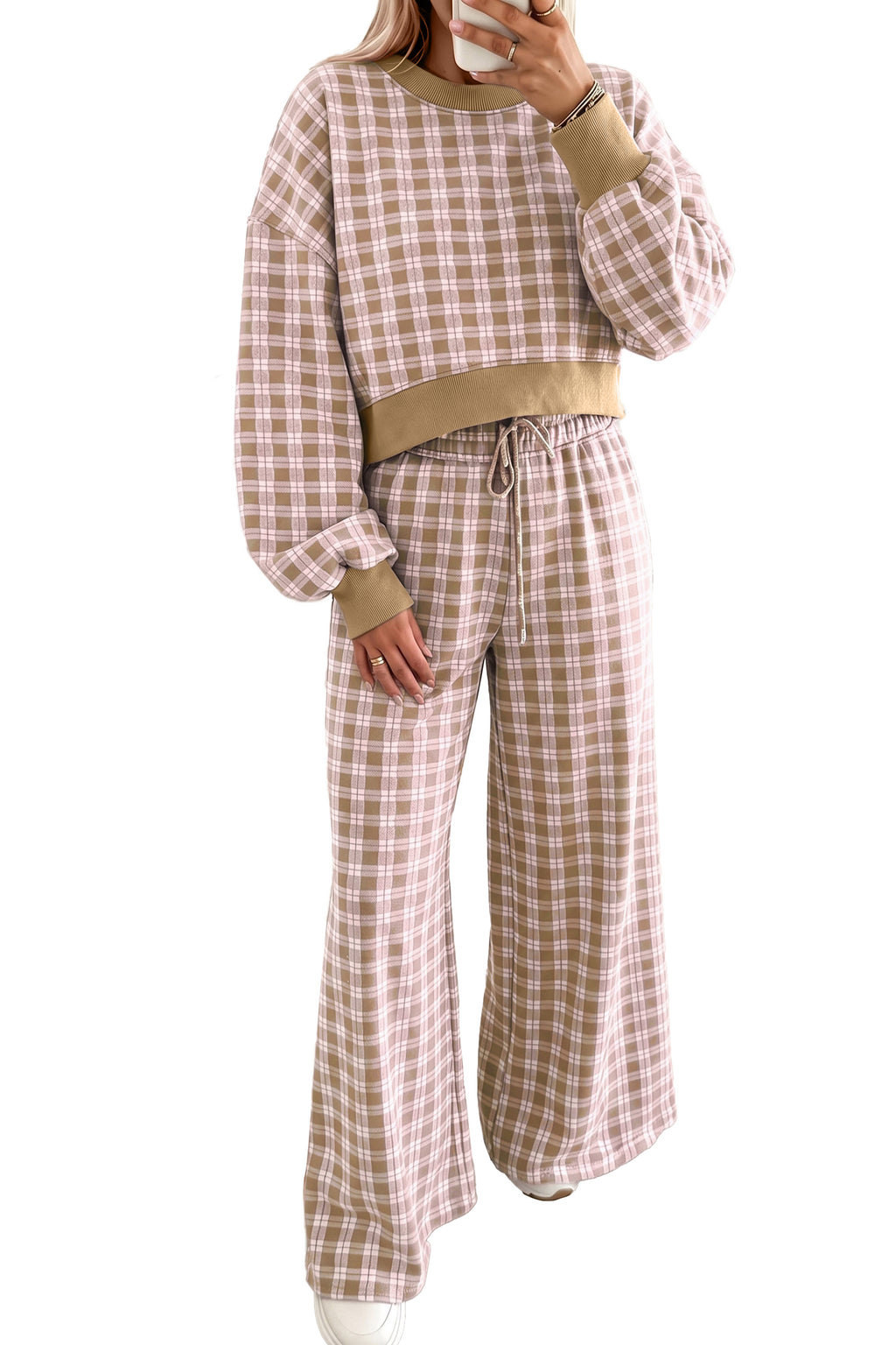 Pink Plaid Long Sleeve Drop Shoulder Top Ribbed Color Block Trim Two Piece Pant Set PREORDER ETA 3 WEEKS