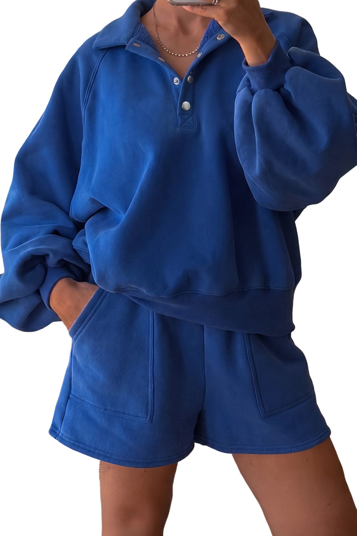 Dark Blue Half Button Puff Sleeve Relaxed Pullover and Shorts 2pcs Outfit PREORDER ETA 3 WEEKS