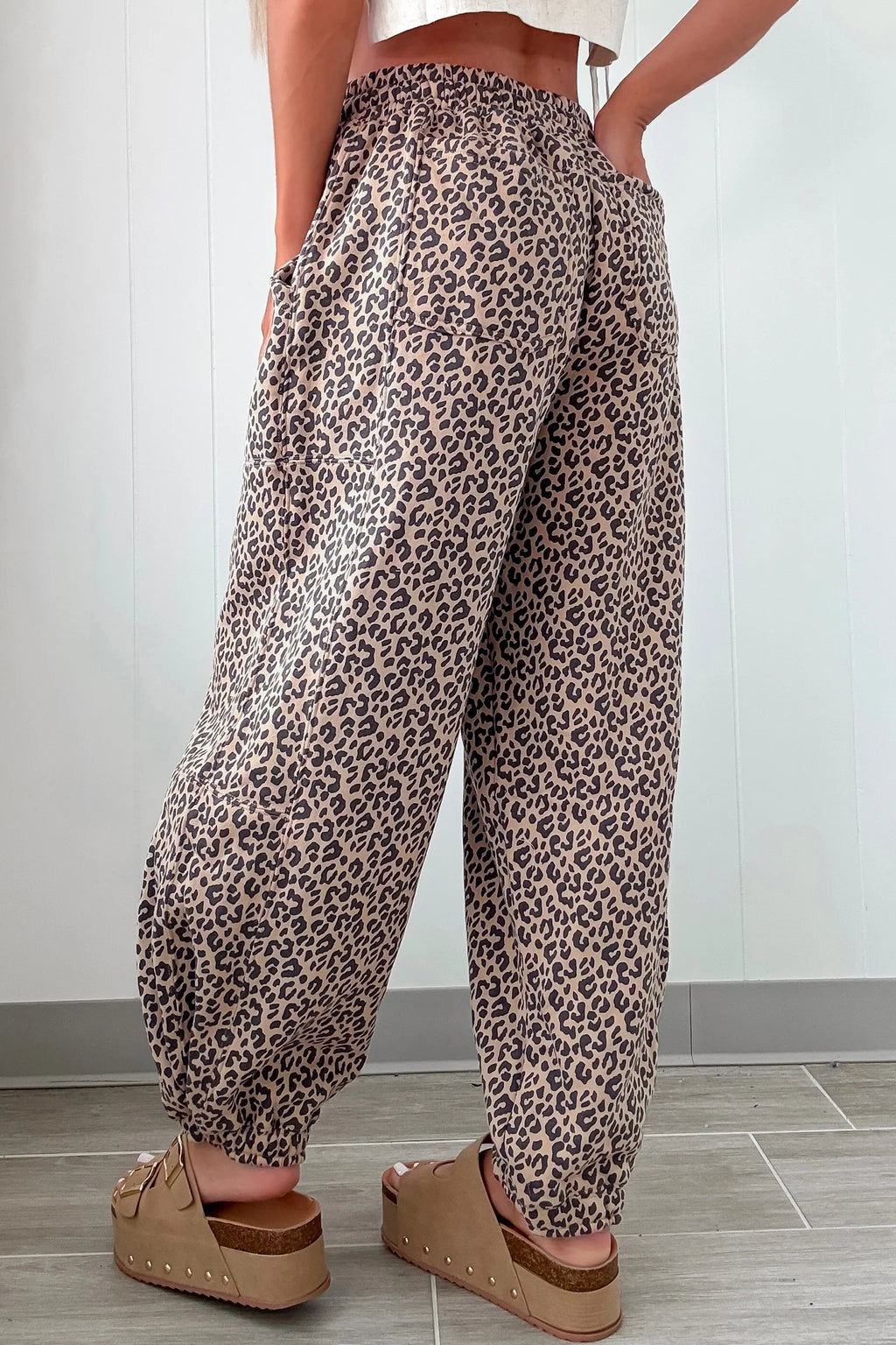 Khaki Leopard Print Elastic Waist Ankle Length Pants PREORDER ETA 3 WEEKS