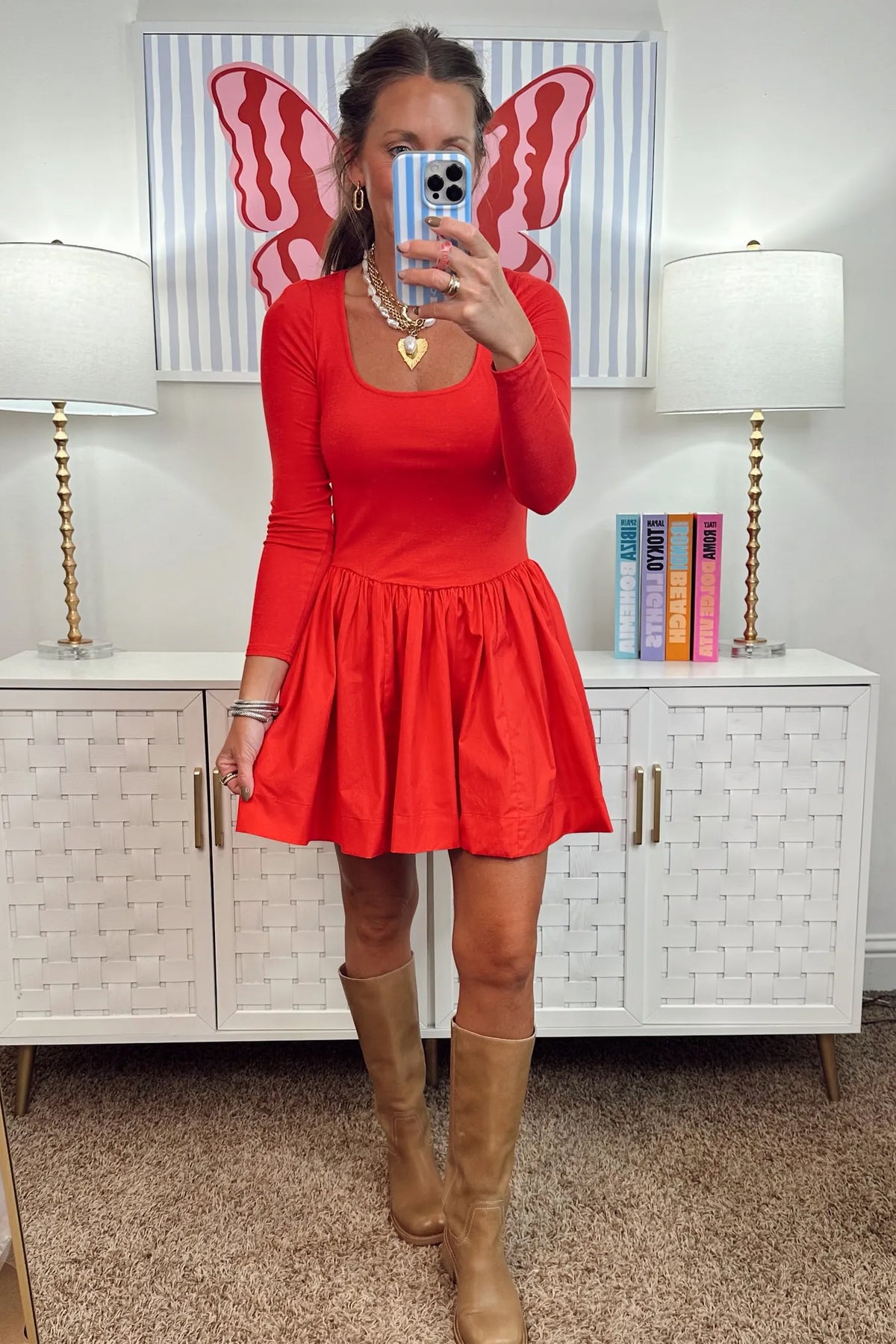 Fiery Red U Neck Long Sleeve Fit and Flare Short Dress PREORDER ETA 3 WEEKS