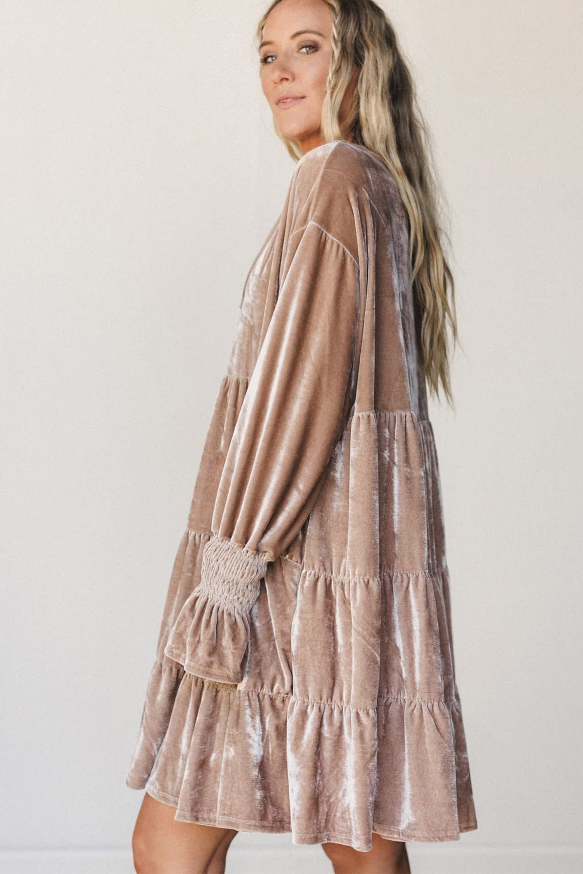 Smoke Gray Solid Color V Neck Velvet Tiered Long Sleeve Dress PREORDER ETA 3 WEEKS