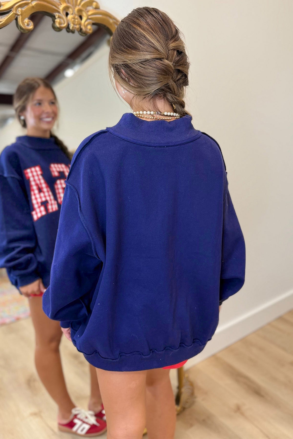 Navy Blue USA Gingham Slogan Exposed Seam Mock Neck Baggy Pullover Sweatshirt PREORDER ETA 3 WEEKS