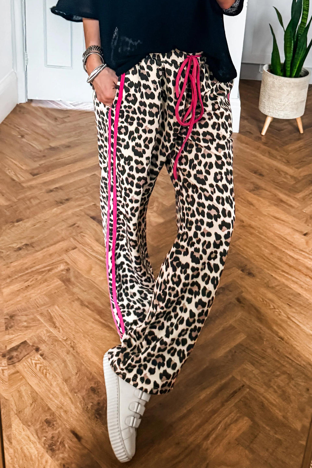 Rose Contrast Detail Tie Waist Leopard Print Casual Pants PREORDER ETA 3 WEEKS