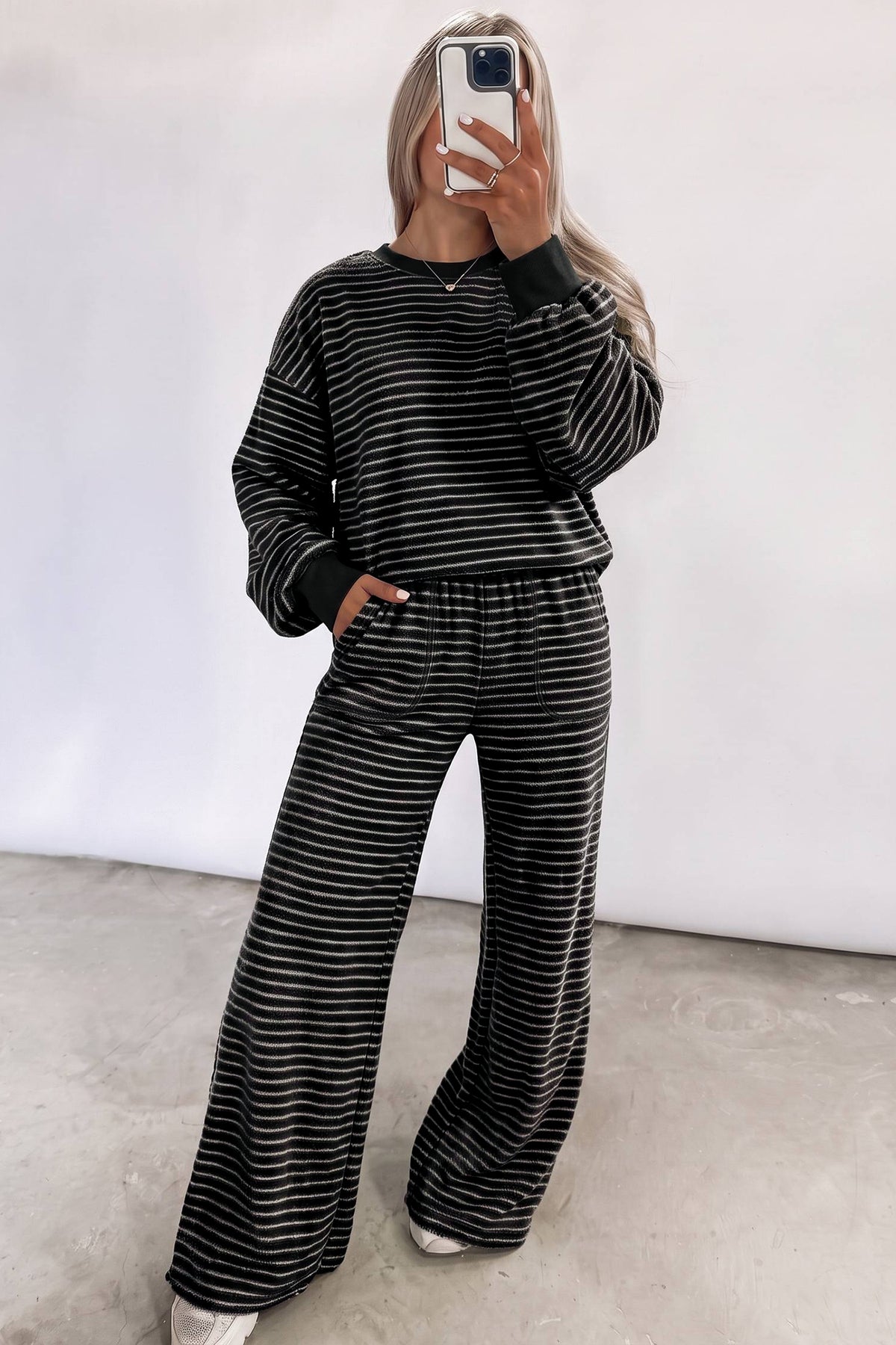 Black Stripe Cozy Terry Knit Long Sleeve Pullover Pocketed Shift Pants 2pcs Sets PREORDER ETA 3 WEEKS