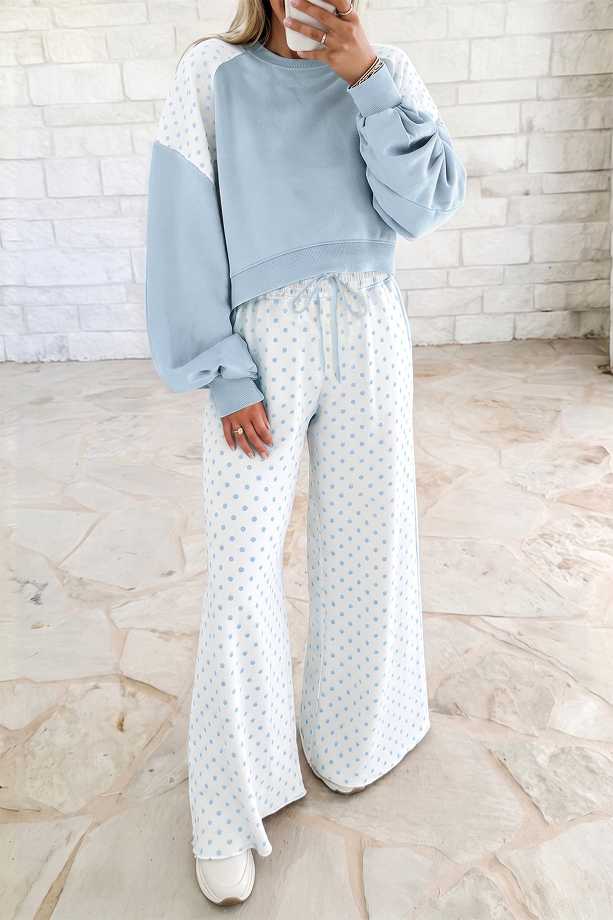 Green Polka Dot Patchwork Colorblock Long Sleeve Casual Two Piece Pants Set PREORDER ETA 3 WEEKS