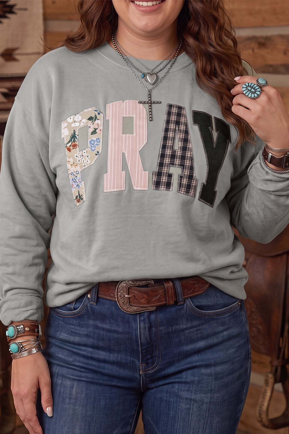 Fiery Red PRAY Letter Patchwork Round Neck Long Sleeve Plus Size Sweatshirt PREORDER ETA 3 WEEKS