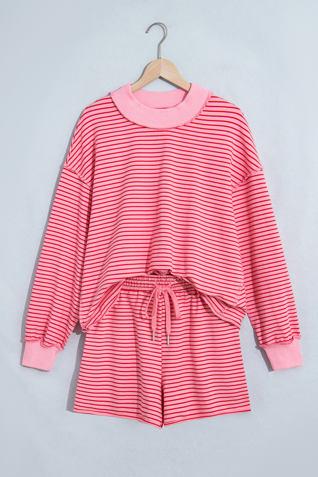 Blue Stripe Ribbed Patchwork Mock Neck Pullover Matching Shorts Set PREORDER ETA 3 WEEKS