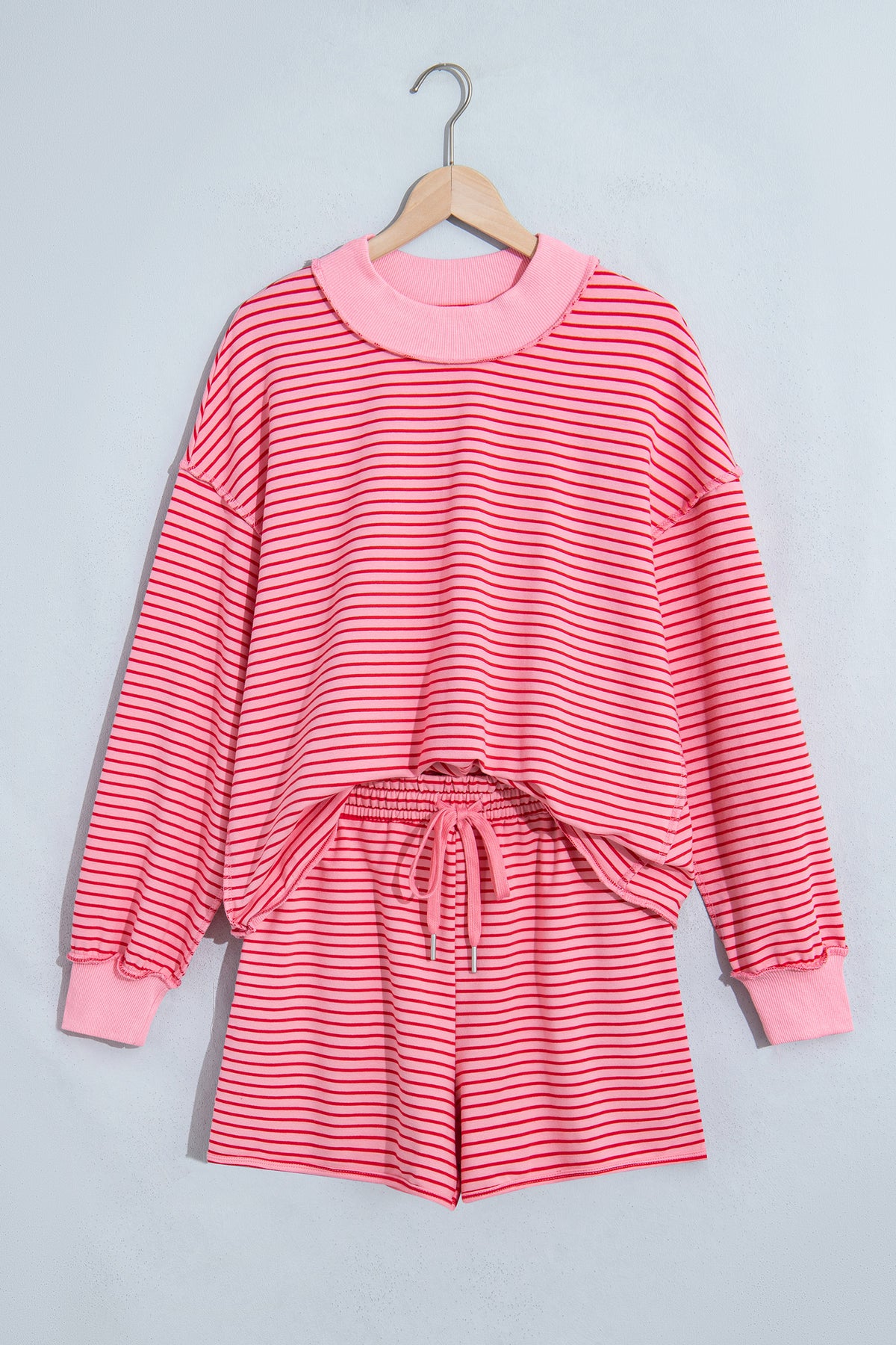 Blue Stripe Ribbed Patchwork Mock Neck Pullover Matching Shorts Set PREORDER ETA 3 WEEKS