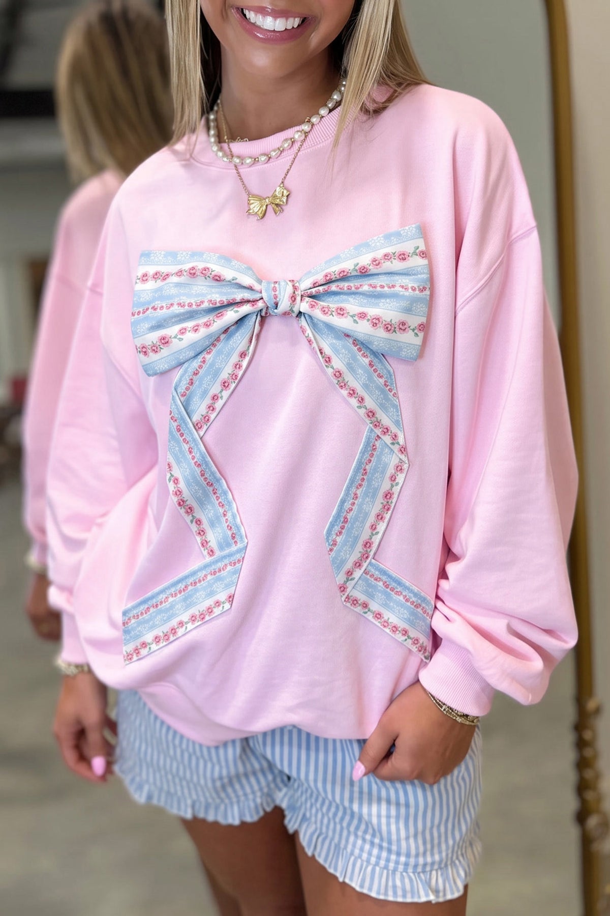 Pink Floral Bow Decoration Drop Shoulder Long Sleeve Top PREORDER ETA 3 WEEKS