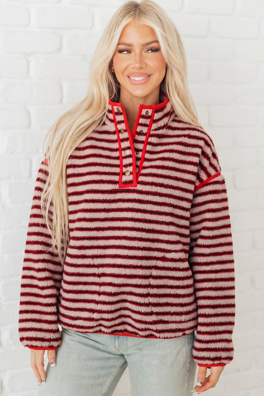 Red Striped Fuzzy Colorblock Button Placket Sweatshirt PREORDER ETA 3 WEEKS