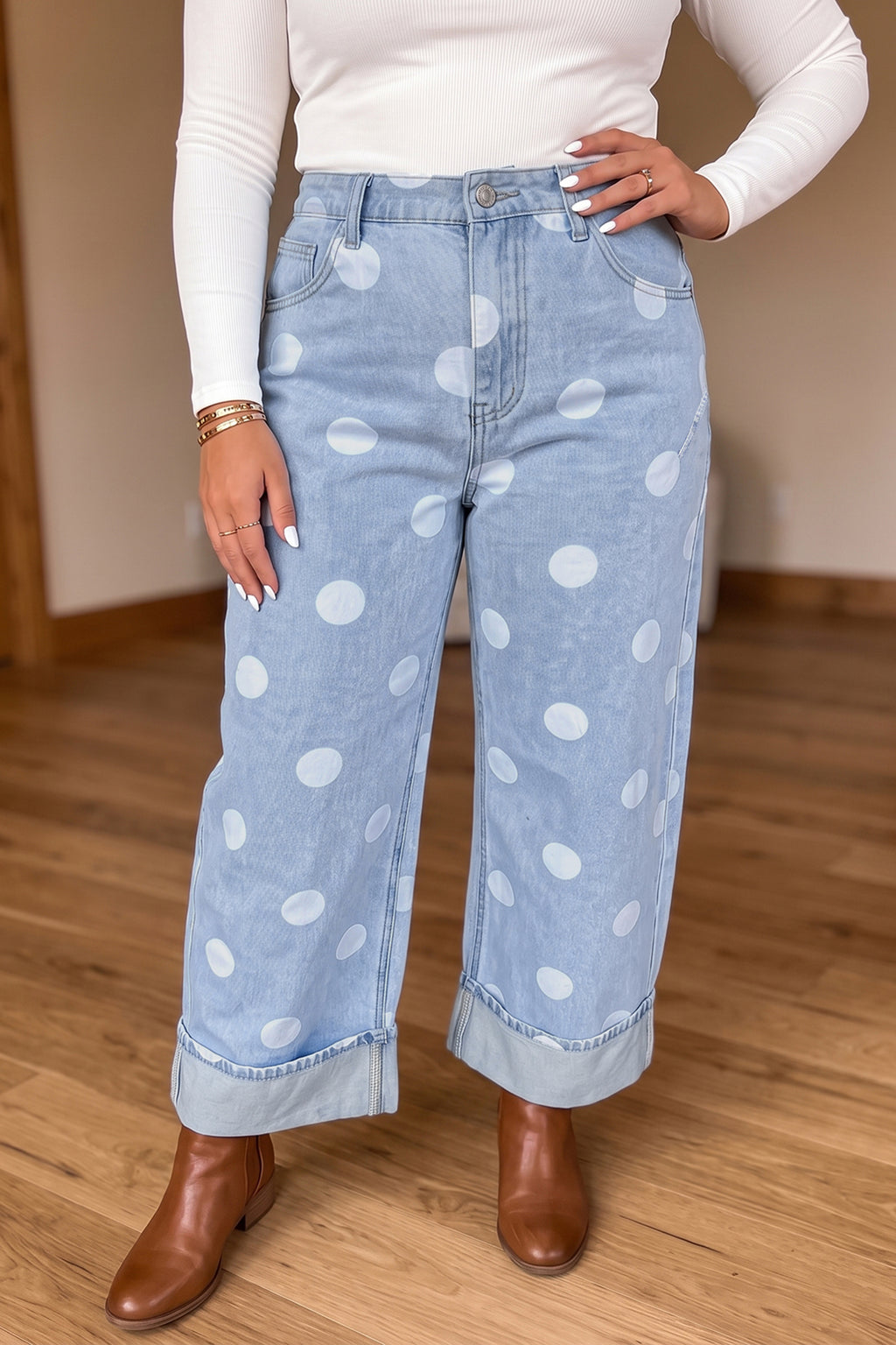 Sky Blue Polka Dot Full Length Regular Fit Plus Size Jeans PREORDER ETA 3 WEEKS