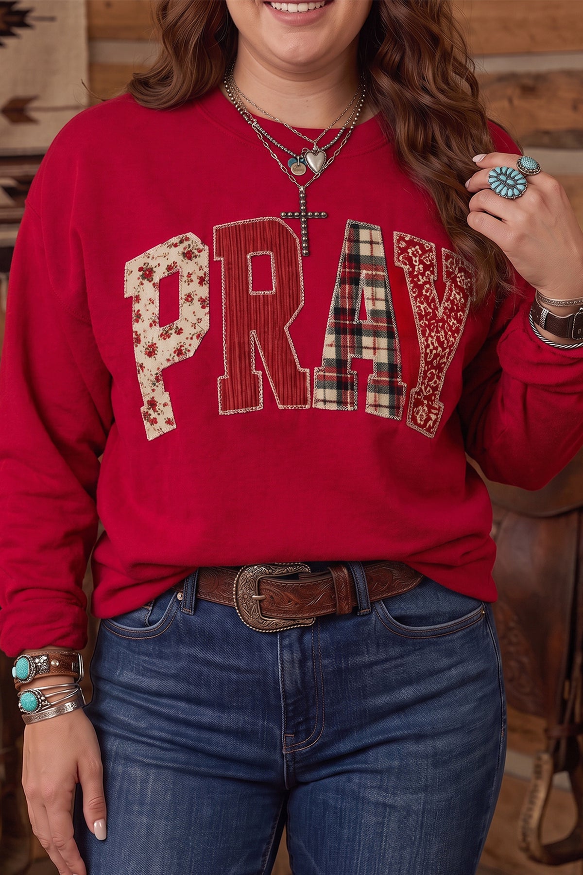 Fiery Red PRAY Letter Patchwork Round Neck Long Sleeve Plus Size Sweatshirt PREORDER ETA 3 WEEKS